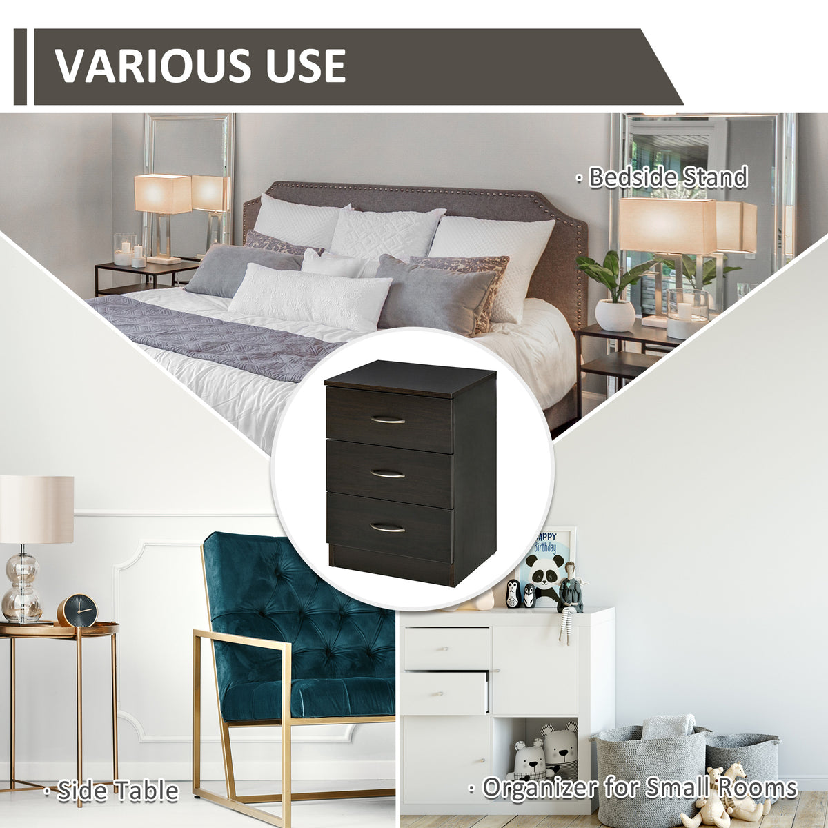 3-Drawer Wood Nightstands with Anti-Tip Design, Set of 2 – 16"W x 23"H