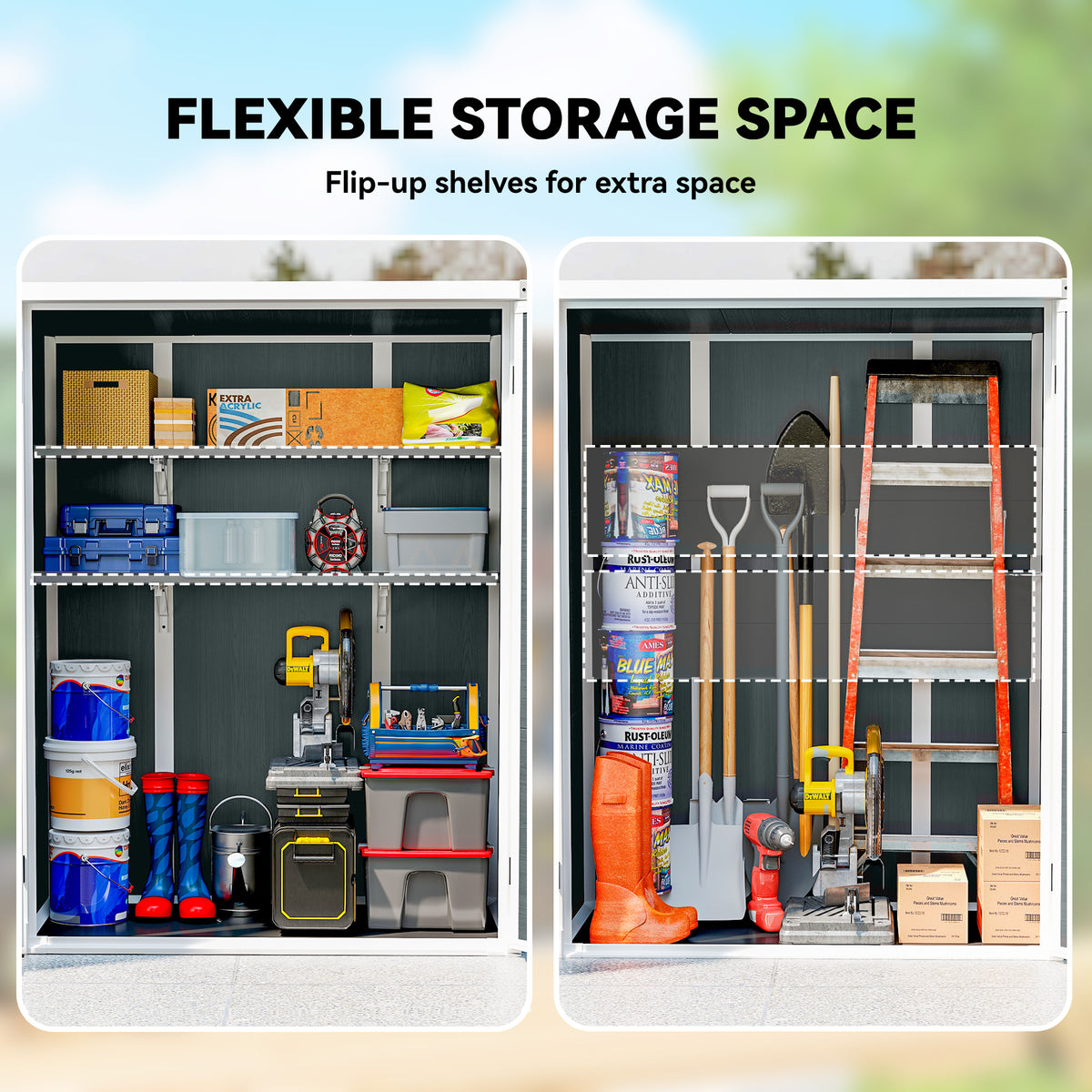 Outdoor 4.4' x 2.3' Plastic Storage Shed with Lockable Doors and Foldable Shelves, Wood-Effect Garden Shed