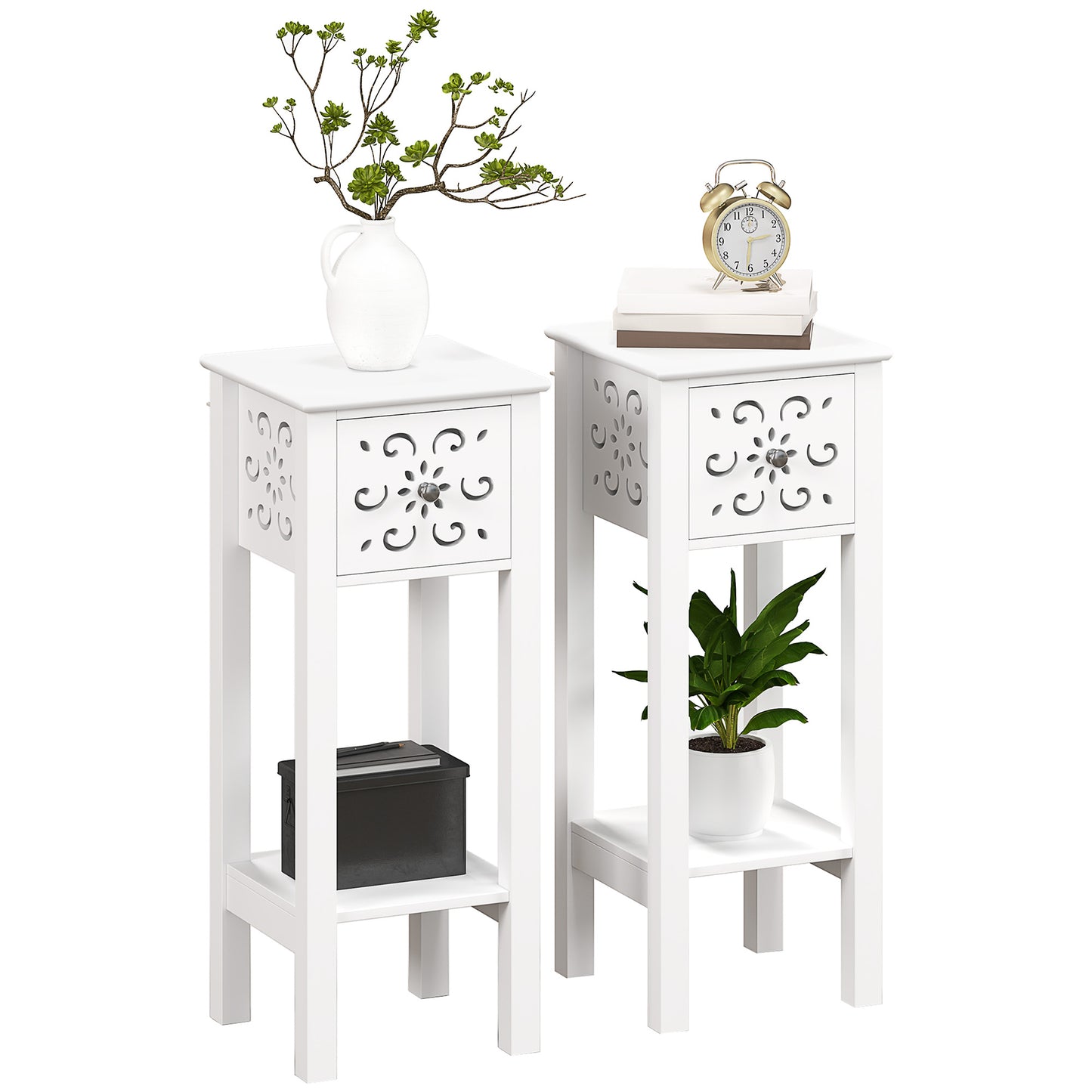 HOMCOM White Modern Nightstands Set: Drawer, Open Storage Shelf, Compact
