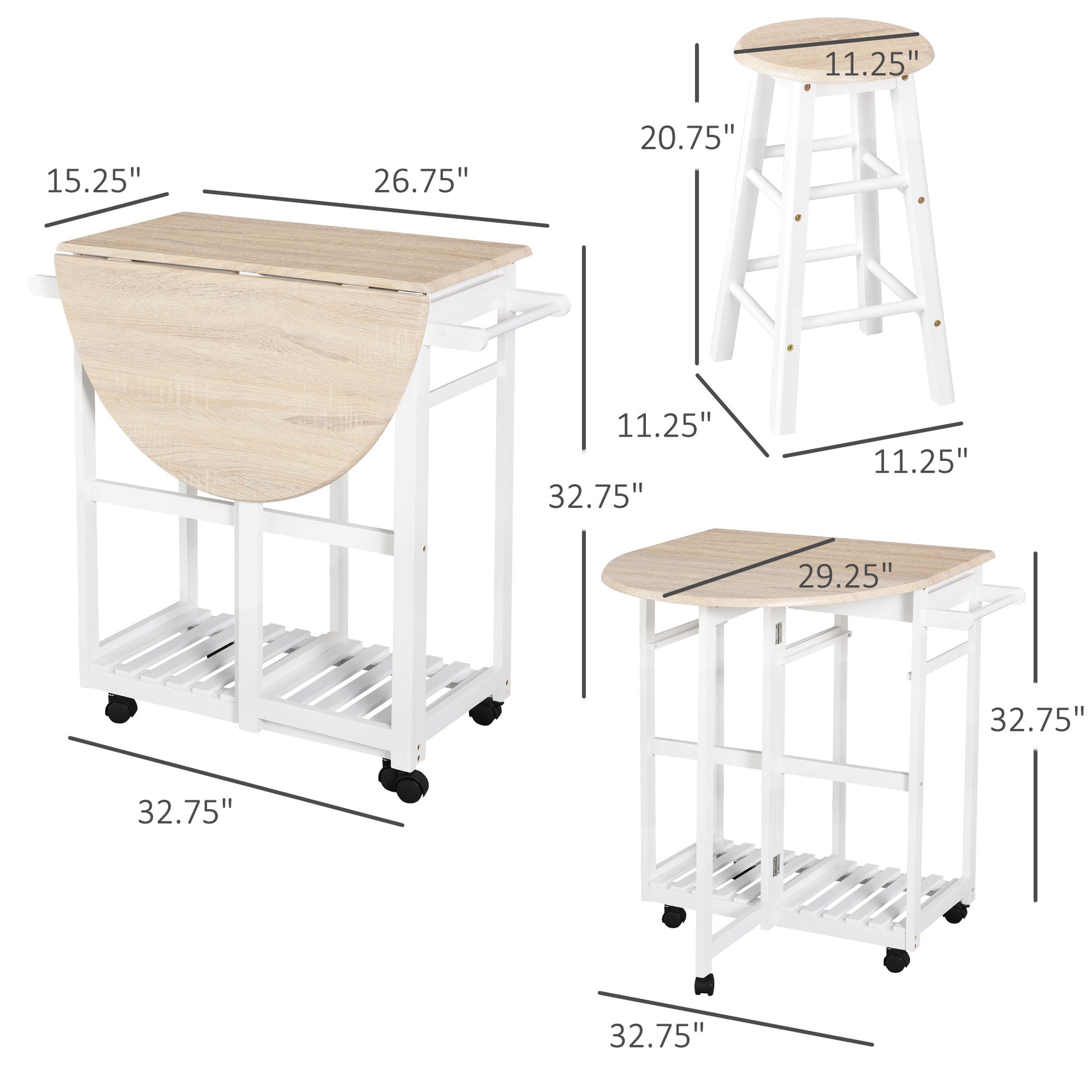 HOMCOM Kitchen Trolley 3-Piece Set with Drop Leaf Table, White