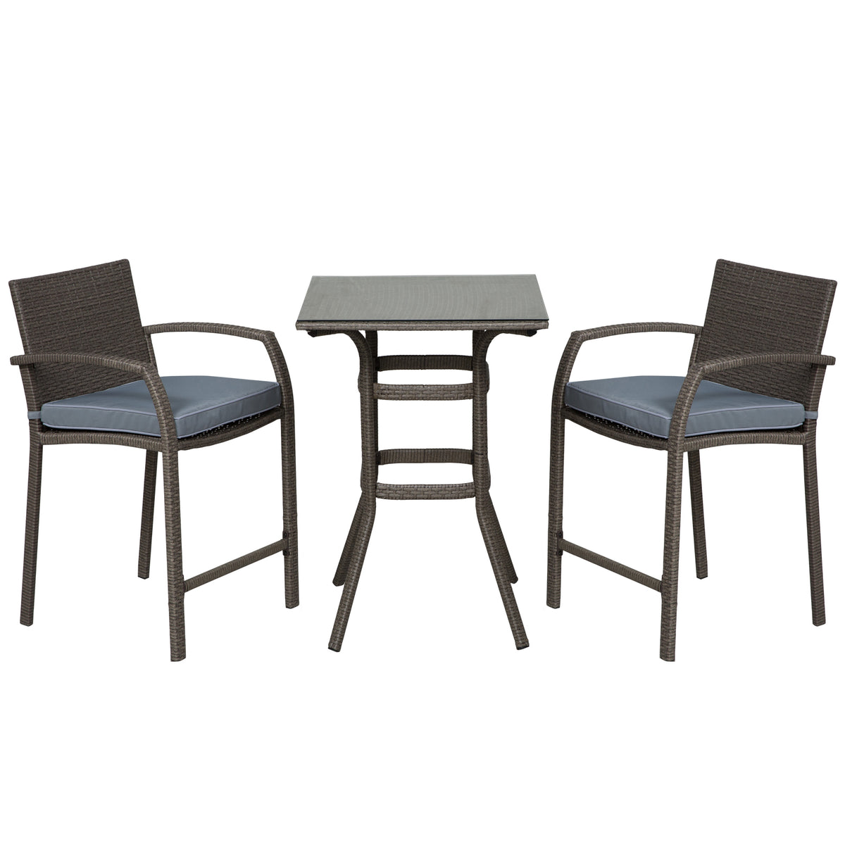 3 Pieces Patio Bar Set Wicker Garden Bistro Set Outdoor Furniture PE Rattan Table and Stools with Seat Cushion