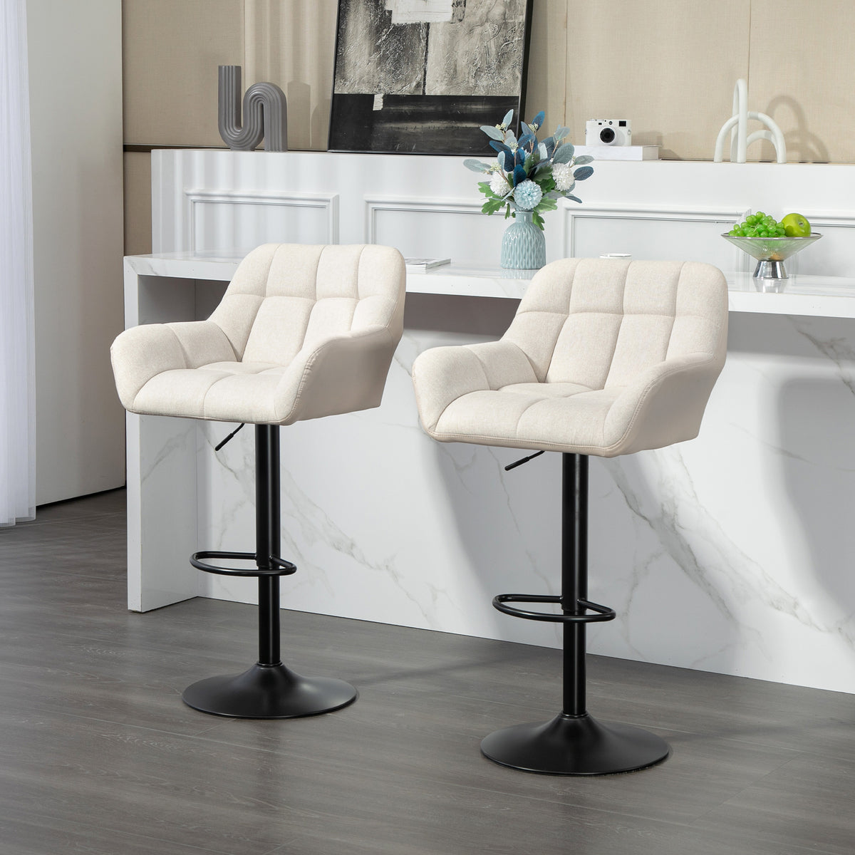 Tufted Swivel Bar Stools with Armrests and Chrome Base, Set of 2, Cream White