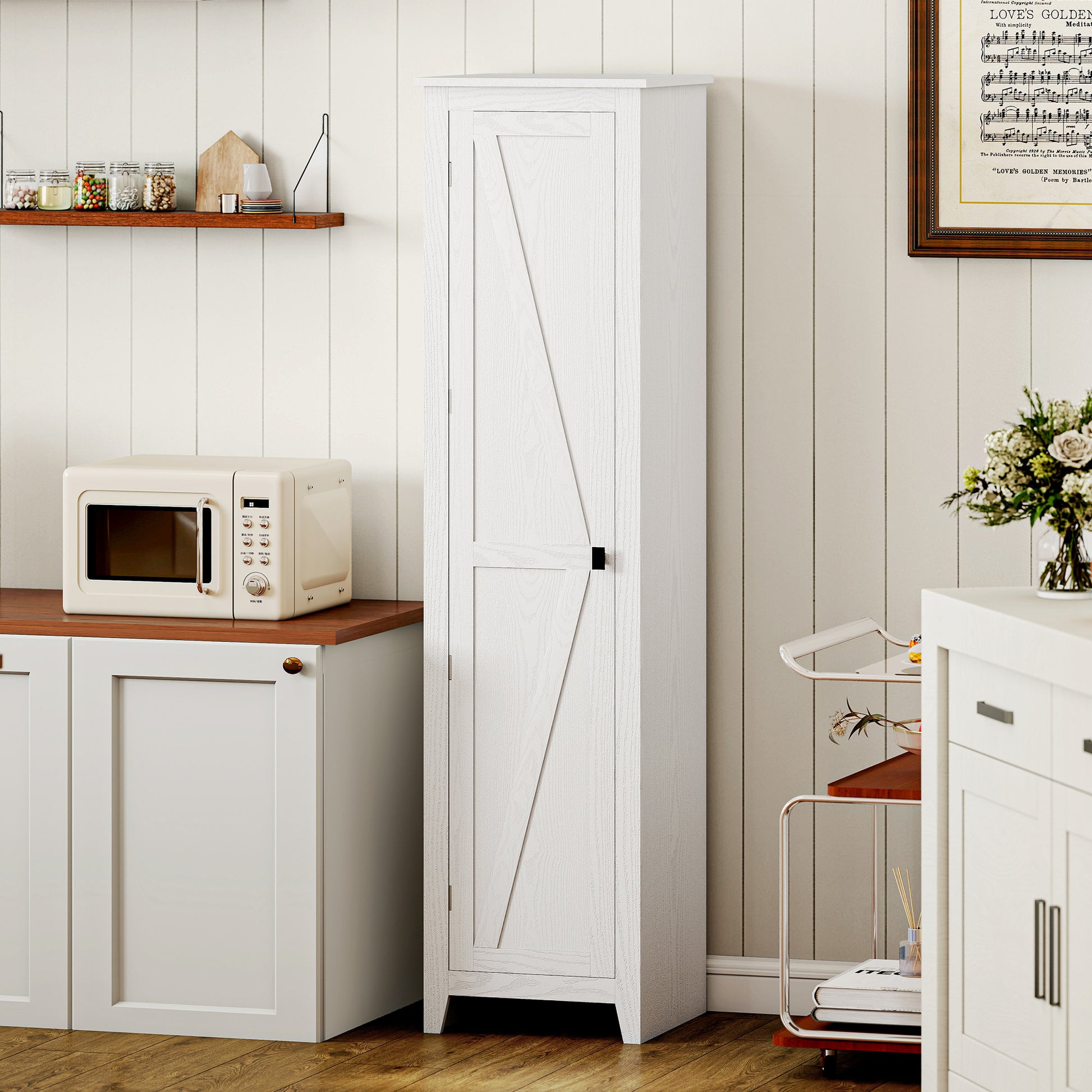 HOMCOM 67" Farmhouse Pantry Cabinet with Barn Door – White, 5‑Shelf Storage