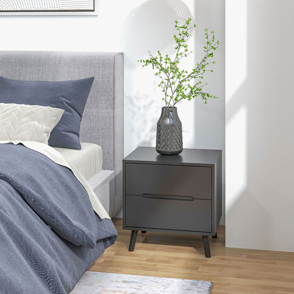 2-Drawer Nightstand with Solid Wood Legs – 20"W x 20"H