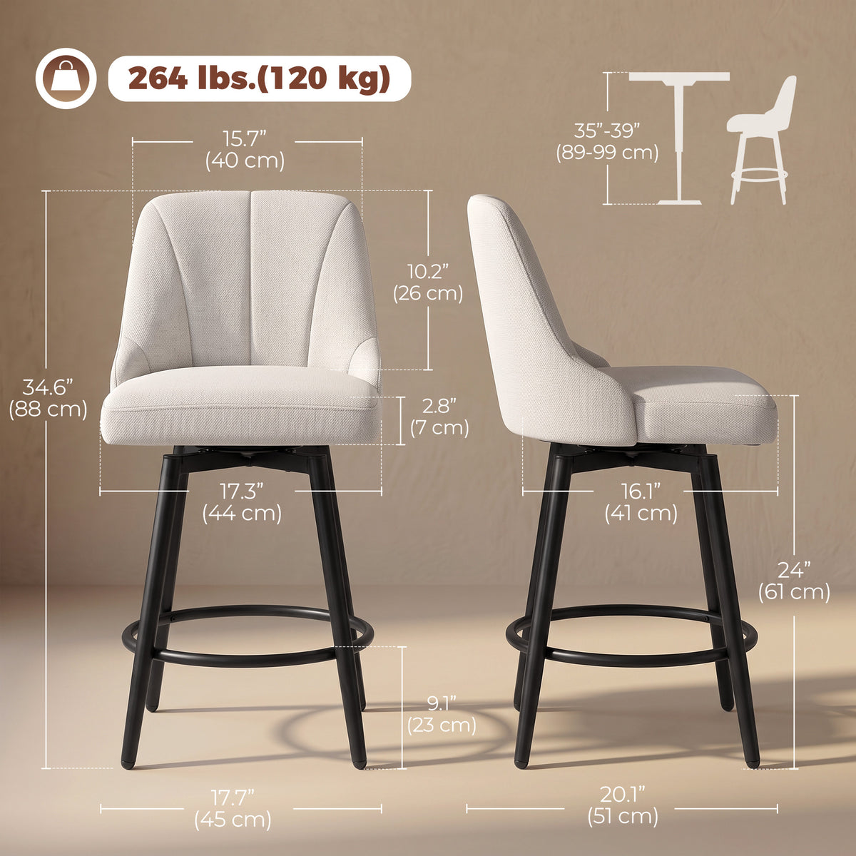 Quilted Faux Linen Swivel Counter Stools with Backrest, Set of 2