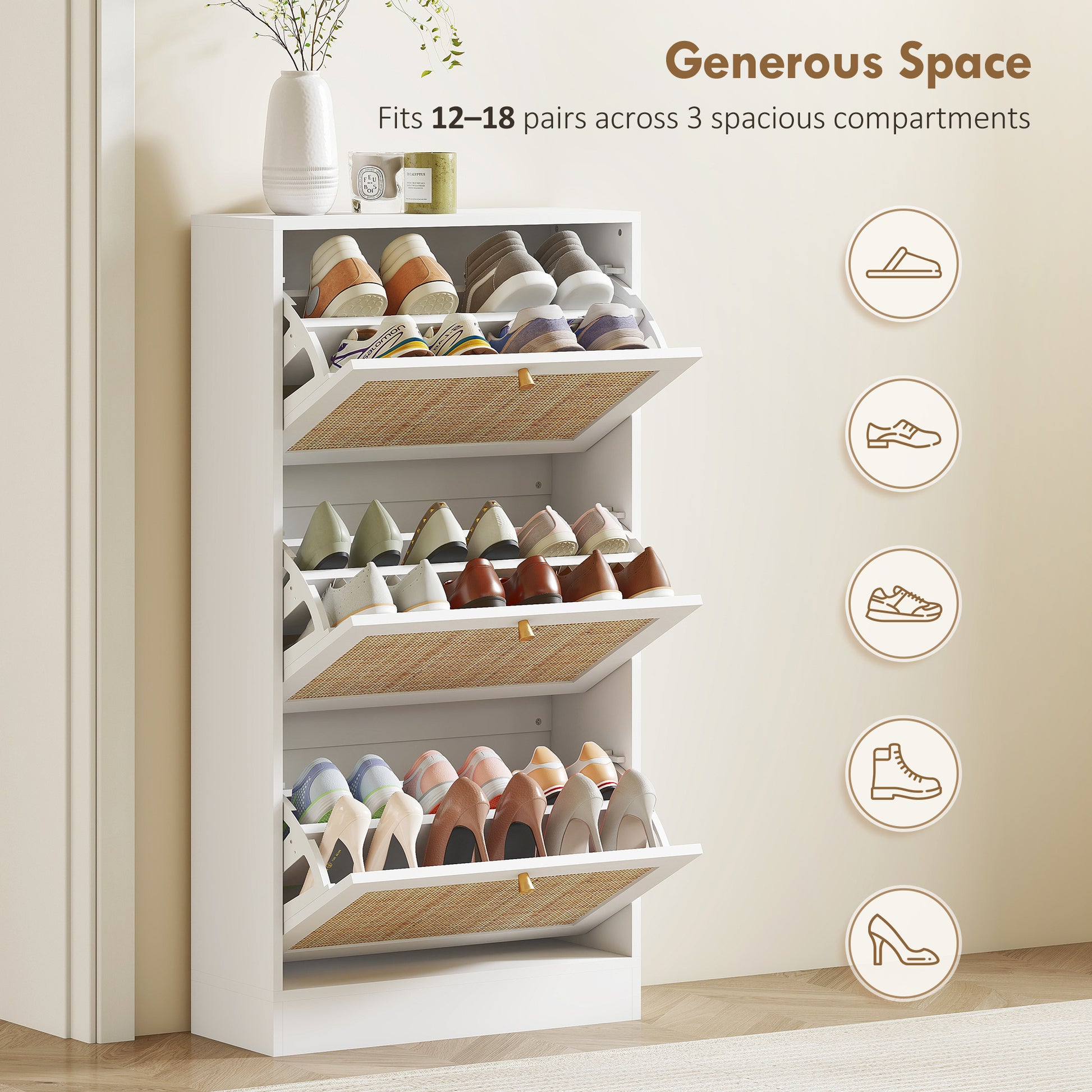 HOMCOM White Rattan Entryway Shoe Cabinet, 3 Flip Drawers, Adjustable Shelves