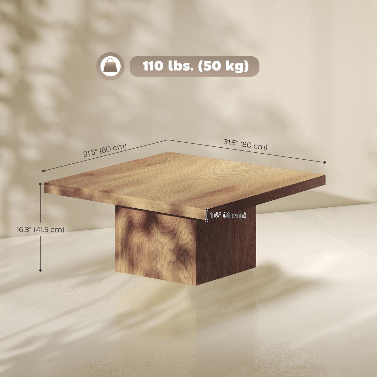 31.5" Square Coffee Table with 1.6" Thick Top, Natural Wood