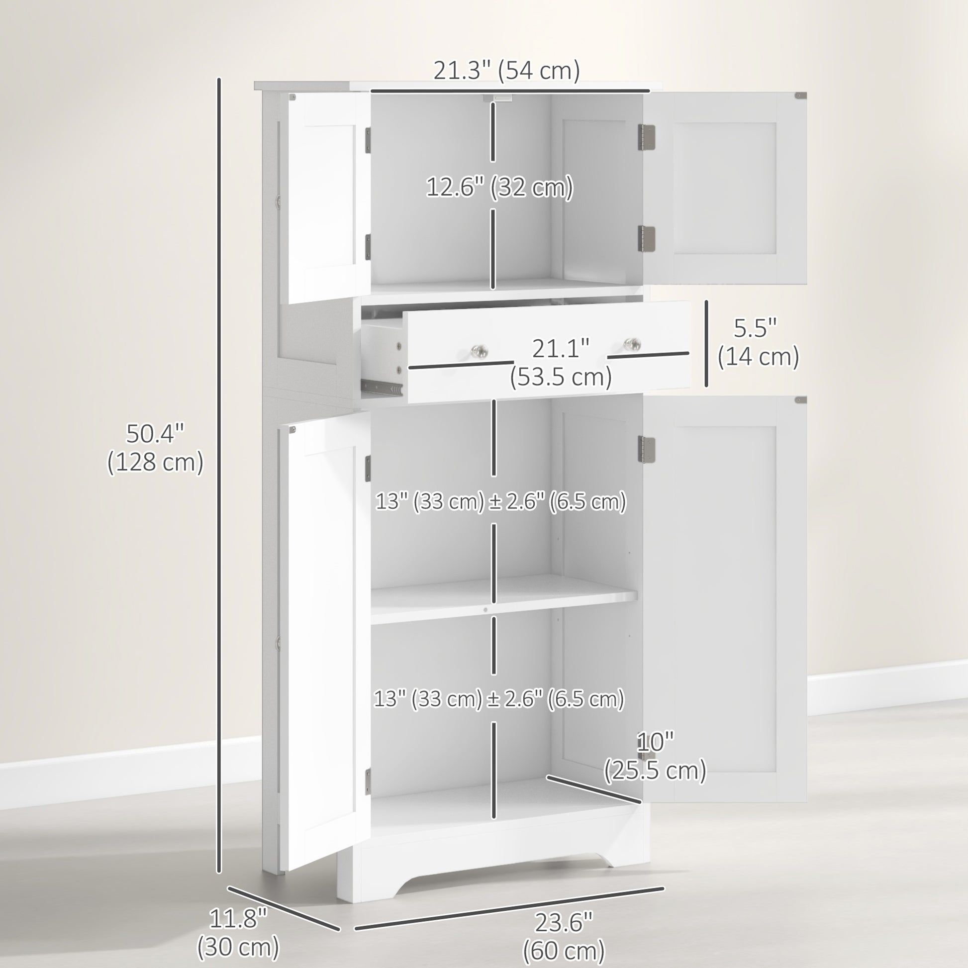 HOMCOM Modern Kitchen Cabinet 4‑Door With Drawer, Adjustable Shelf White