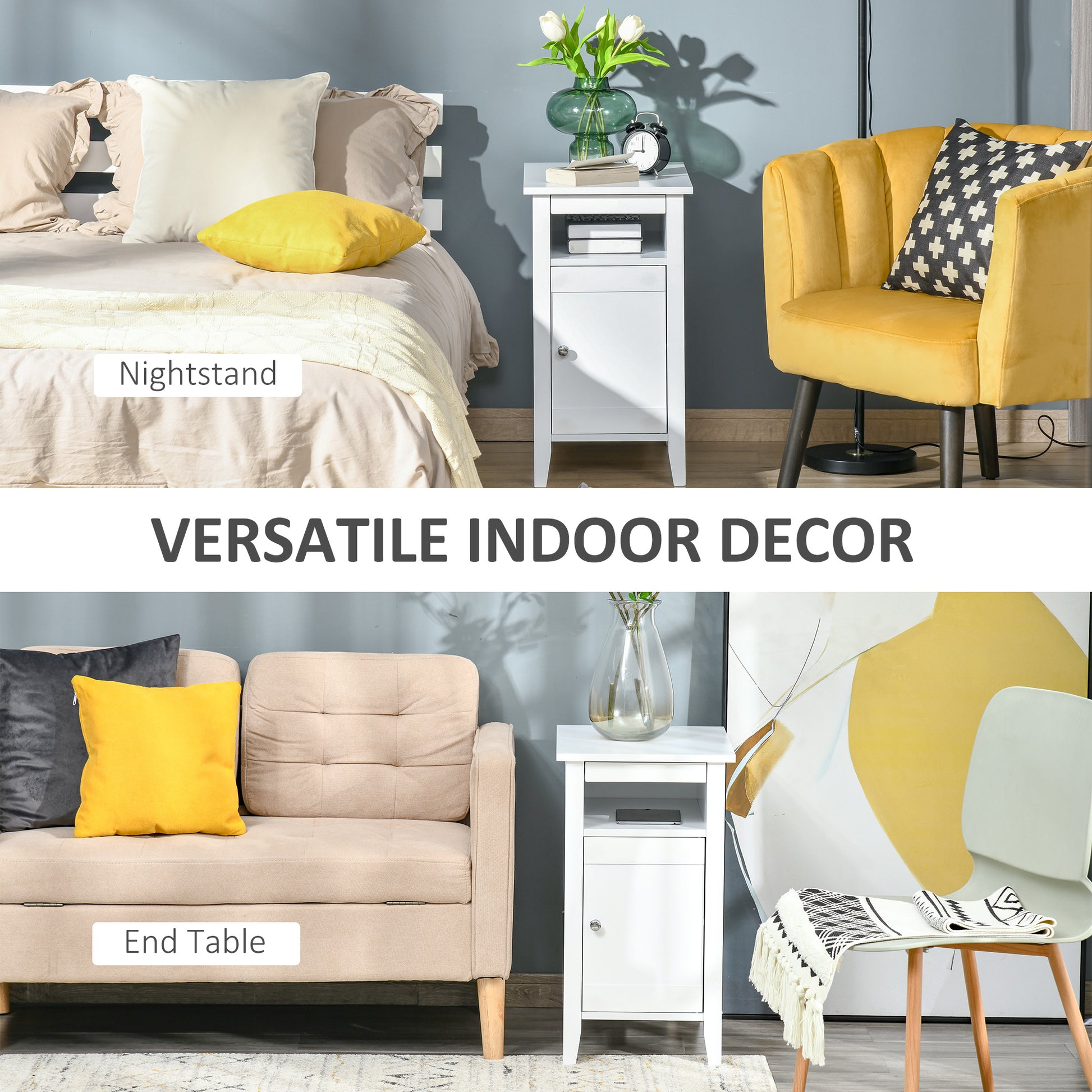 HOMCOM Modern 3-Tier Nightstand with Pullout Shelf, Adjustable Cabinet, White Wood