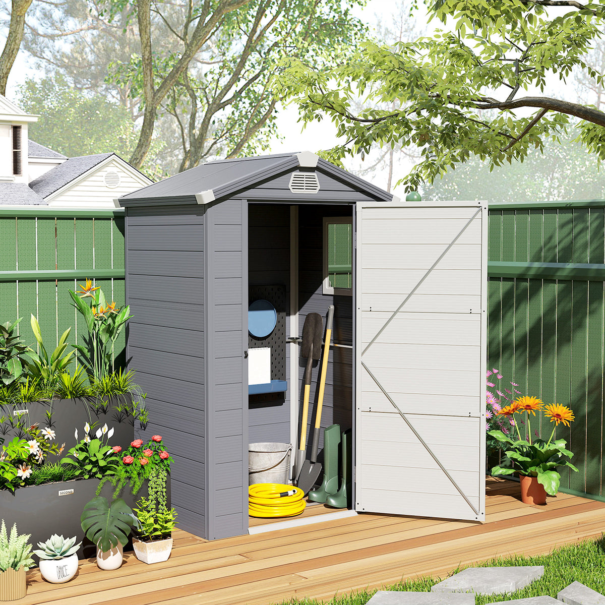 4.4' x 3.3' Plastic Garden Storage Shed with Latch Door, Vents, Sloped Roof