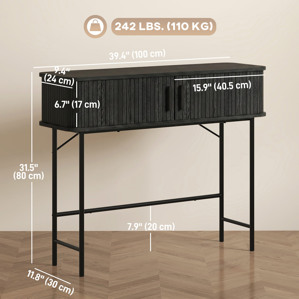 Mid-Century Entryway Console Table with Storage Compartments, Black