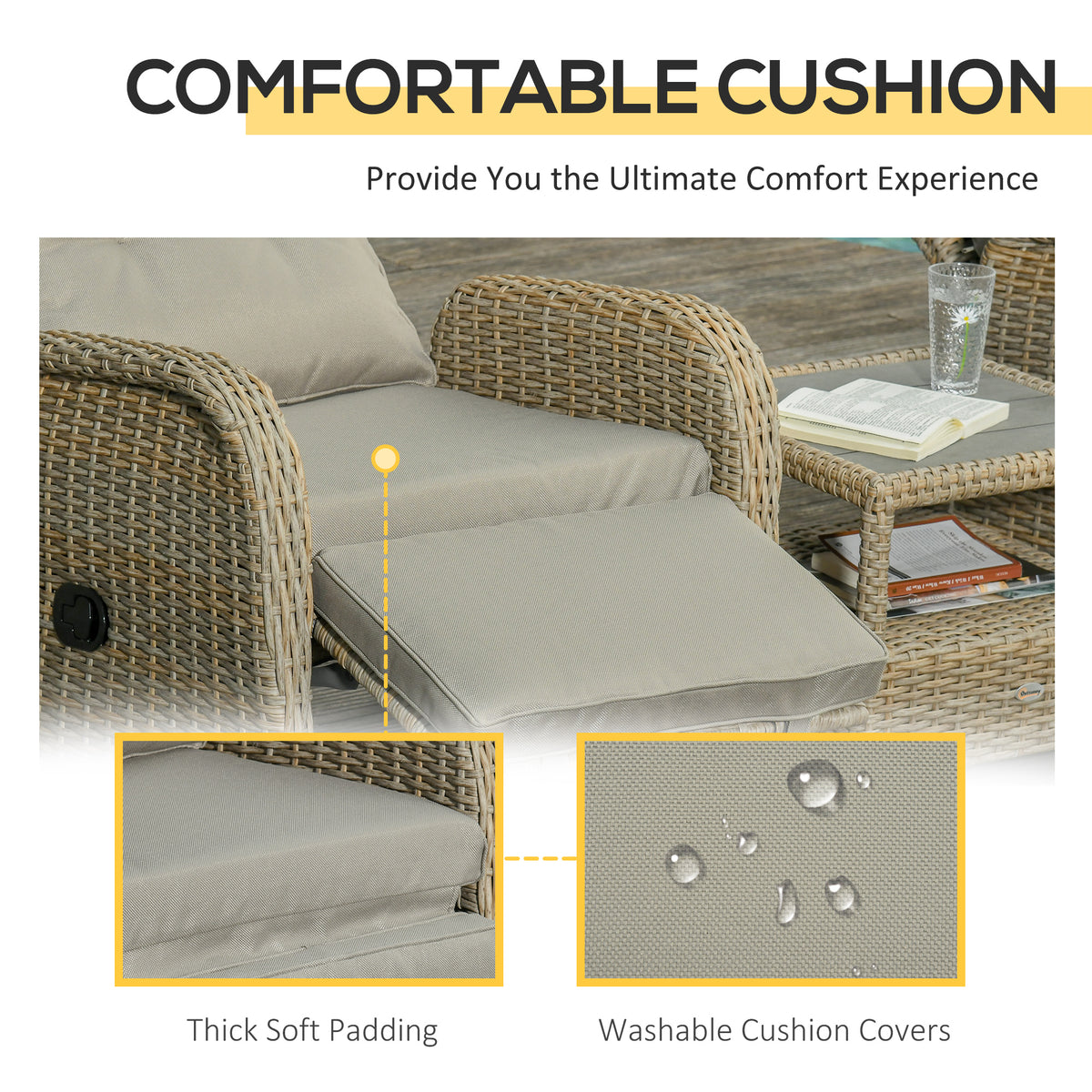 3 Pieces Patio Wicker Bistro Set, PE Rattan Coffee Table & Adjustable Recline Chairs Furniture Set with Cushions and Wood Grain Plastic Top – Khaki