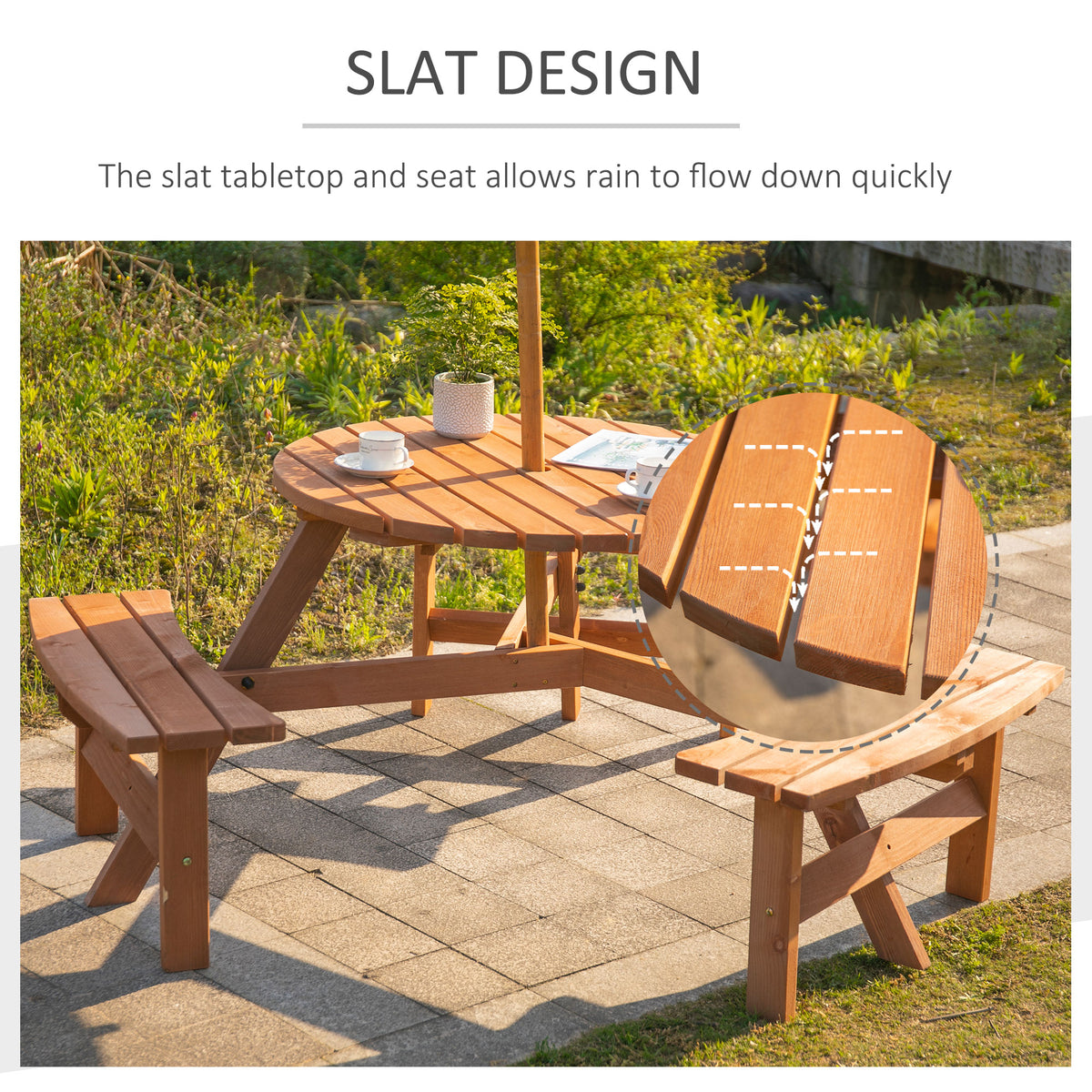 6 Person Round Picnic Table Bench Set with Umbrella Hole, Wood Patio Table with 3 Built-in Benches for Garden, Deck, Backyard – Brown