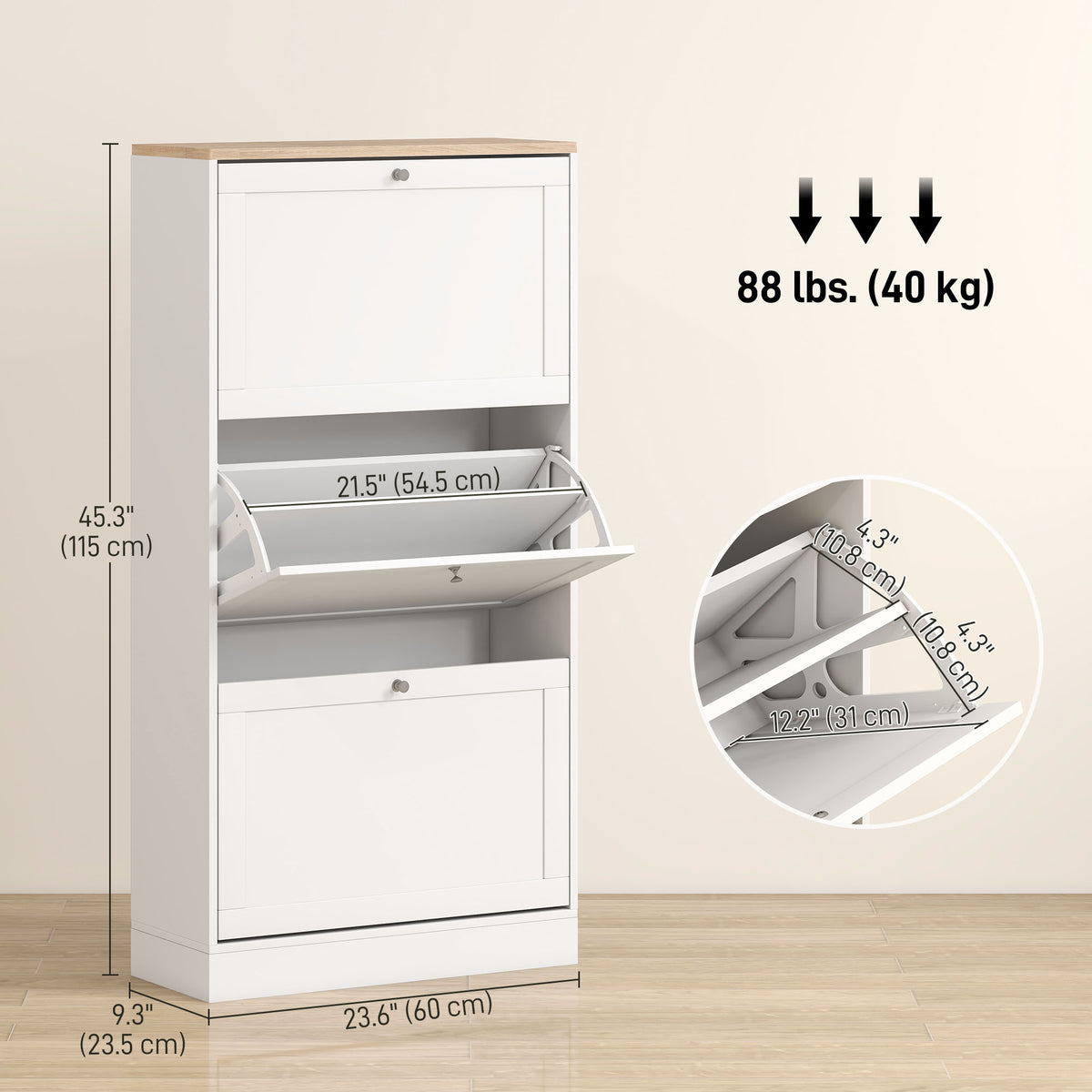 Modern Shoe Storage with 3 Flip Drawers and Adjustable Shelves – 24"W x 45"H