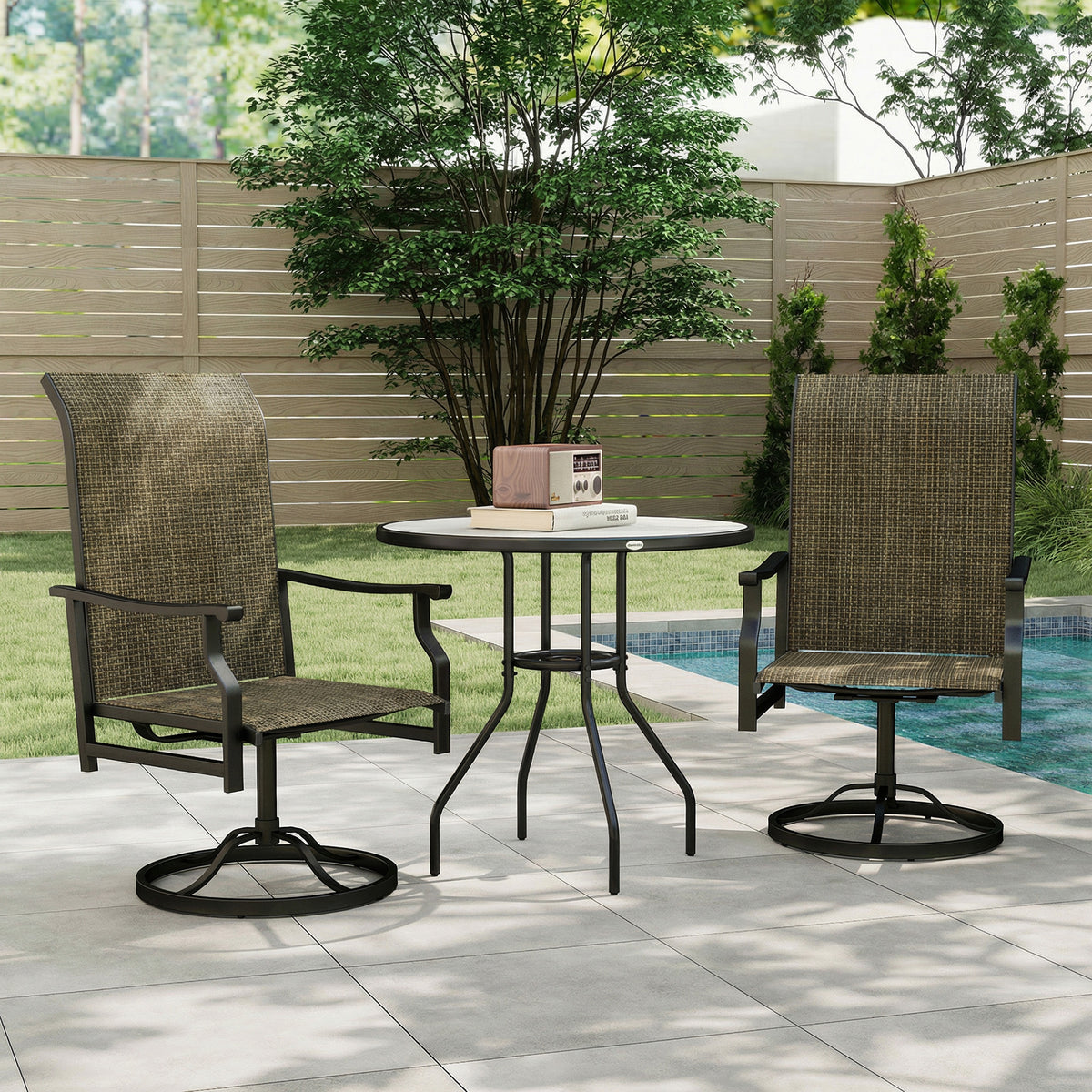 Patio Swivel Chair Set of 2, Swivel Rocker Outdoor Chairs with High Back, for Lawn Garden Backyard Deck – Brown