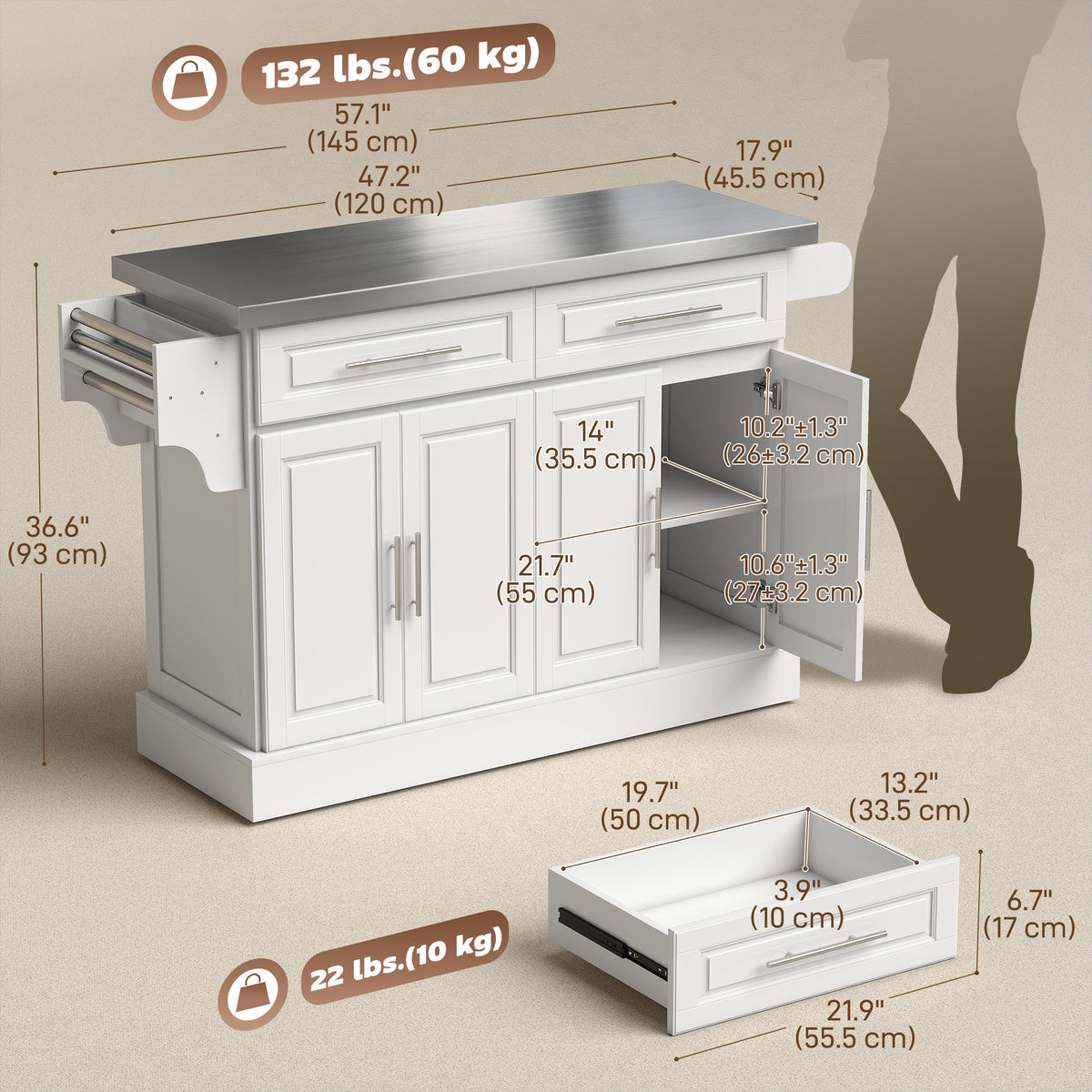 Kitchen Island with Stainless Steel Top – 57"W x 36"H
