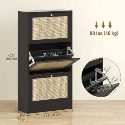 HOMCOM Rattan Shoe Cabinet with 3 Flip Drawers and Adjustable Shelves