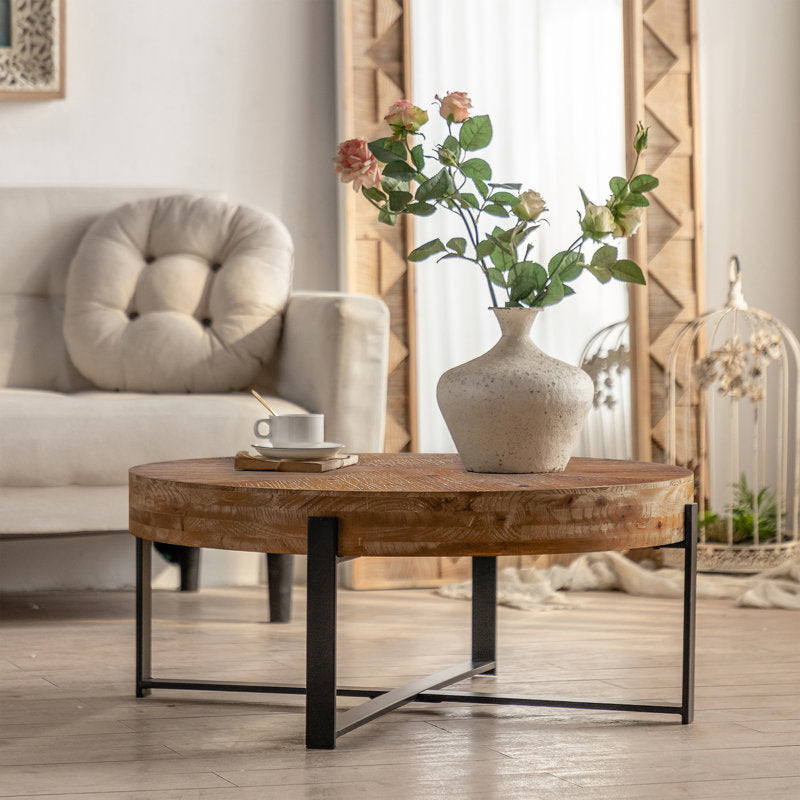 Round Wood Coffee Table With Cross Metal Base
