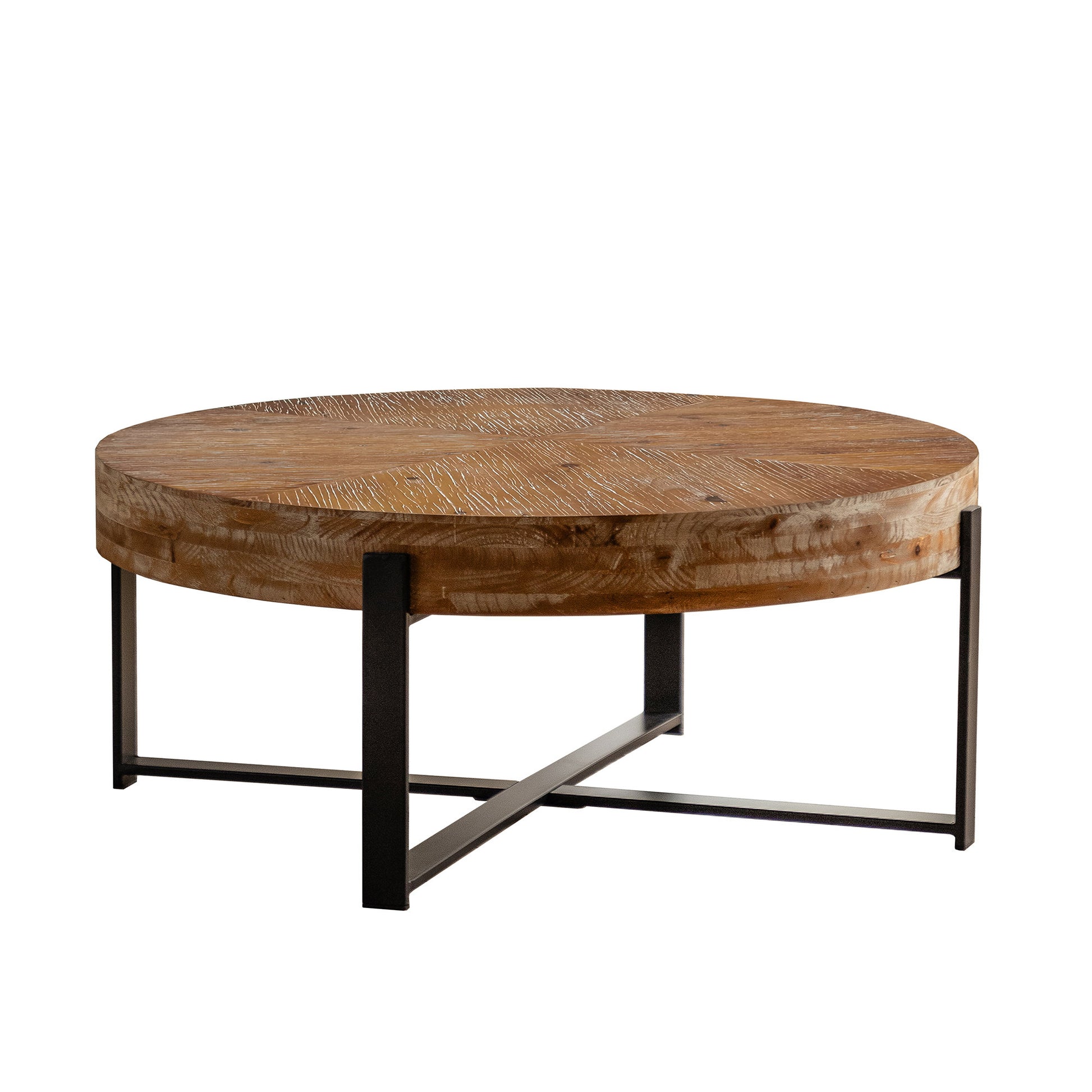 Round Wood Coffee Table With Cross Metal Base