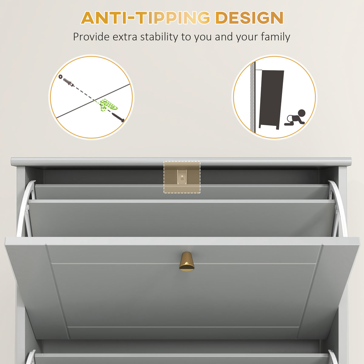 Narrow Shoe Storage with 3 Flip Drawers and Adjustable Shelves – 24"W x 49"H
