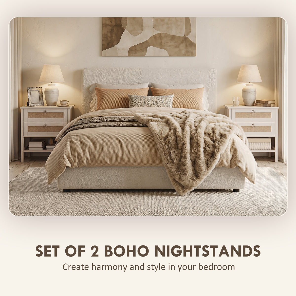 Boho Rattan Nightstands with 2 Drawers, Set of 2 – 24"W x 26"H