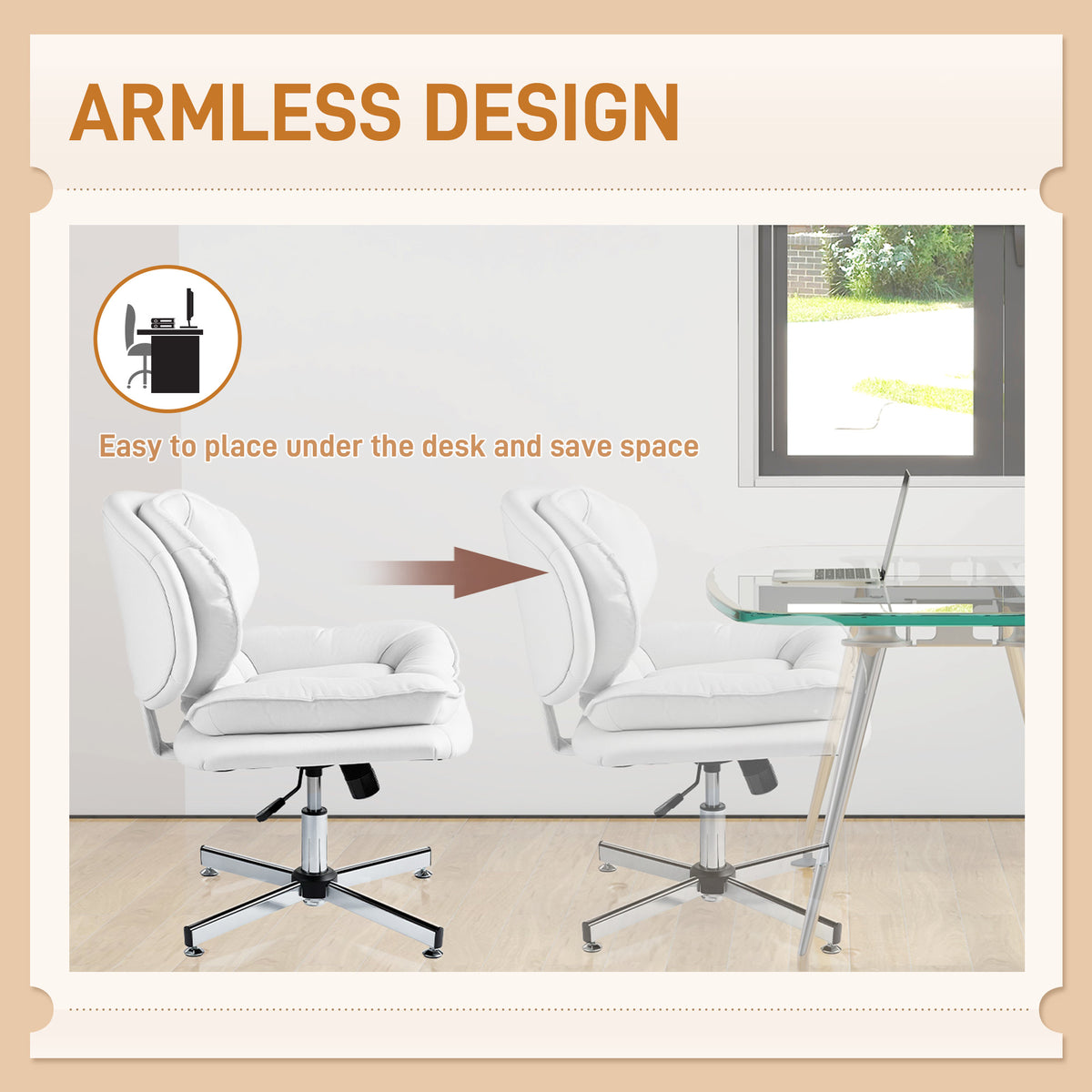 Criss Cross Chair, Armless Wide Office Chair with Leathaire Upholstery, Tilting, White