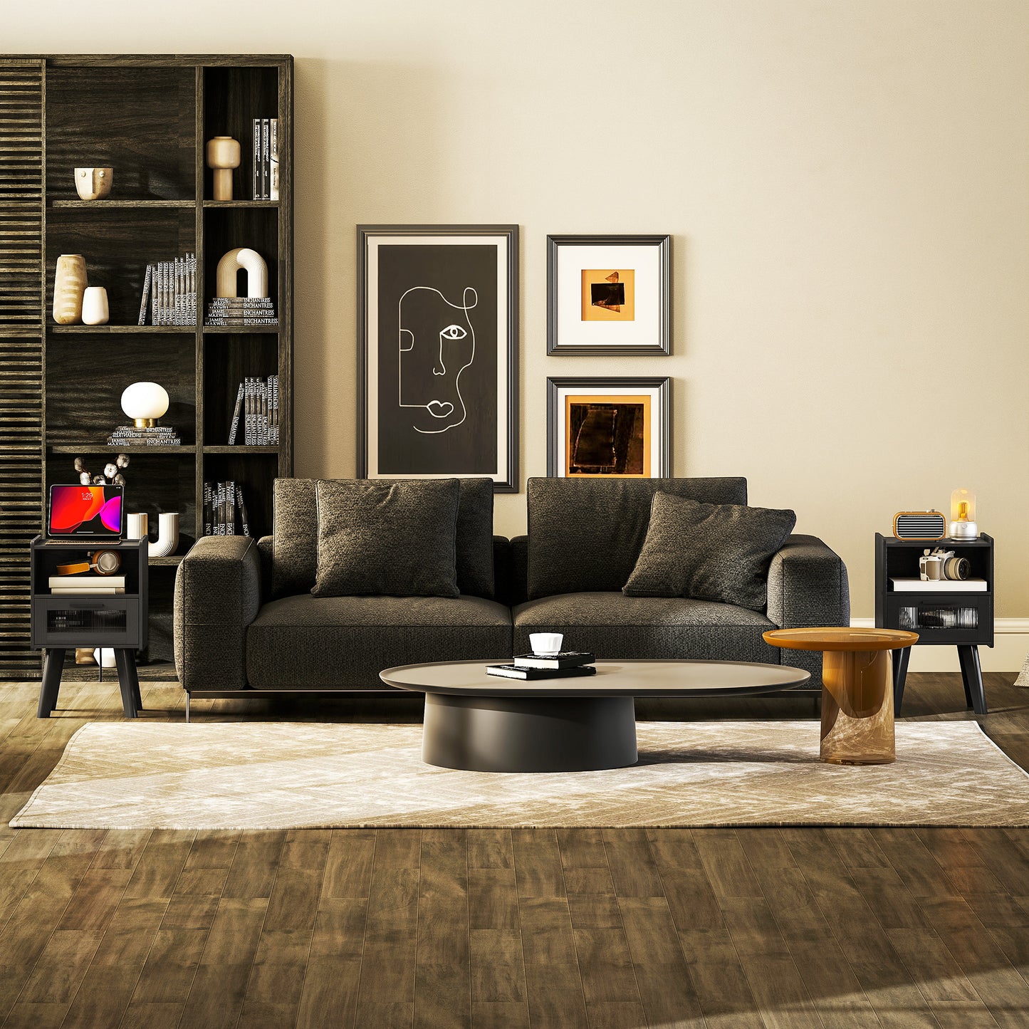 HOMCOM Modern Black Nightstands Set of 2 with Charging Station