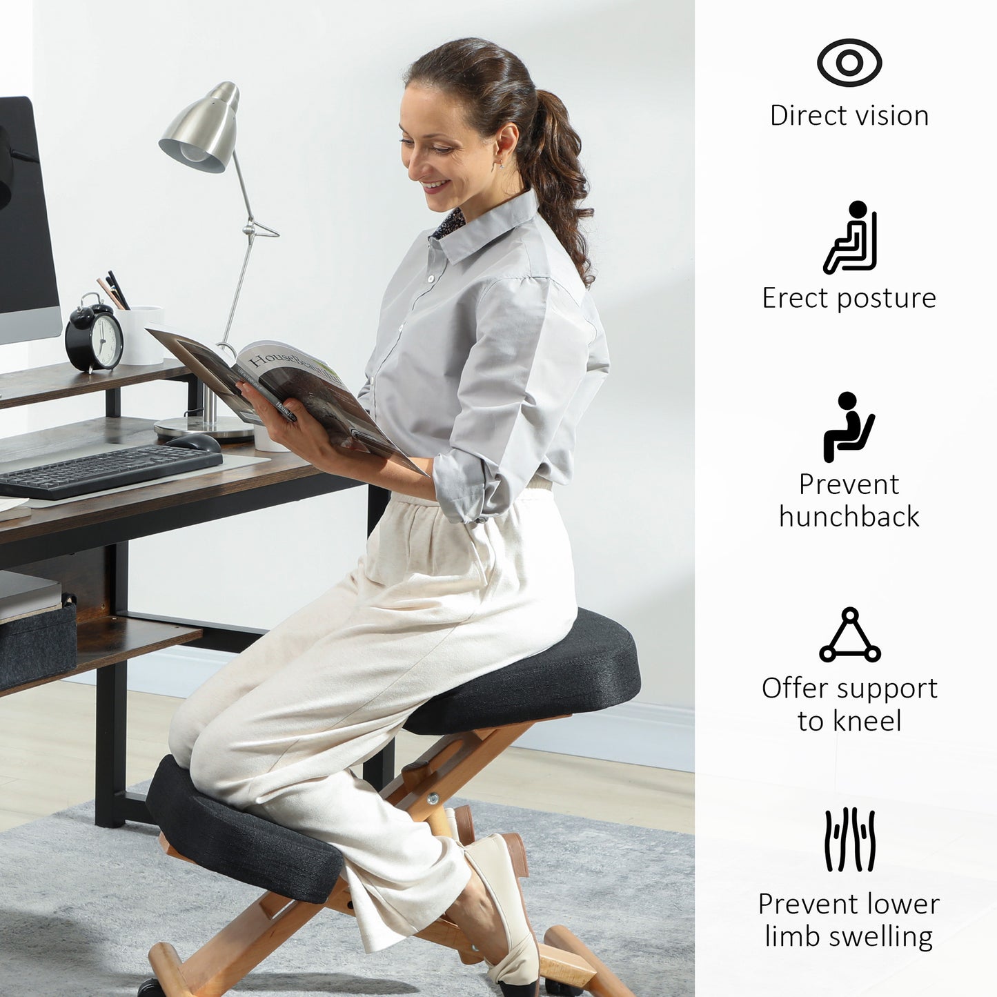 HOMCOM Ergonomic Kneeling Posture Chair: Rubberwood Frame, Rolling Wheels, Black