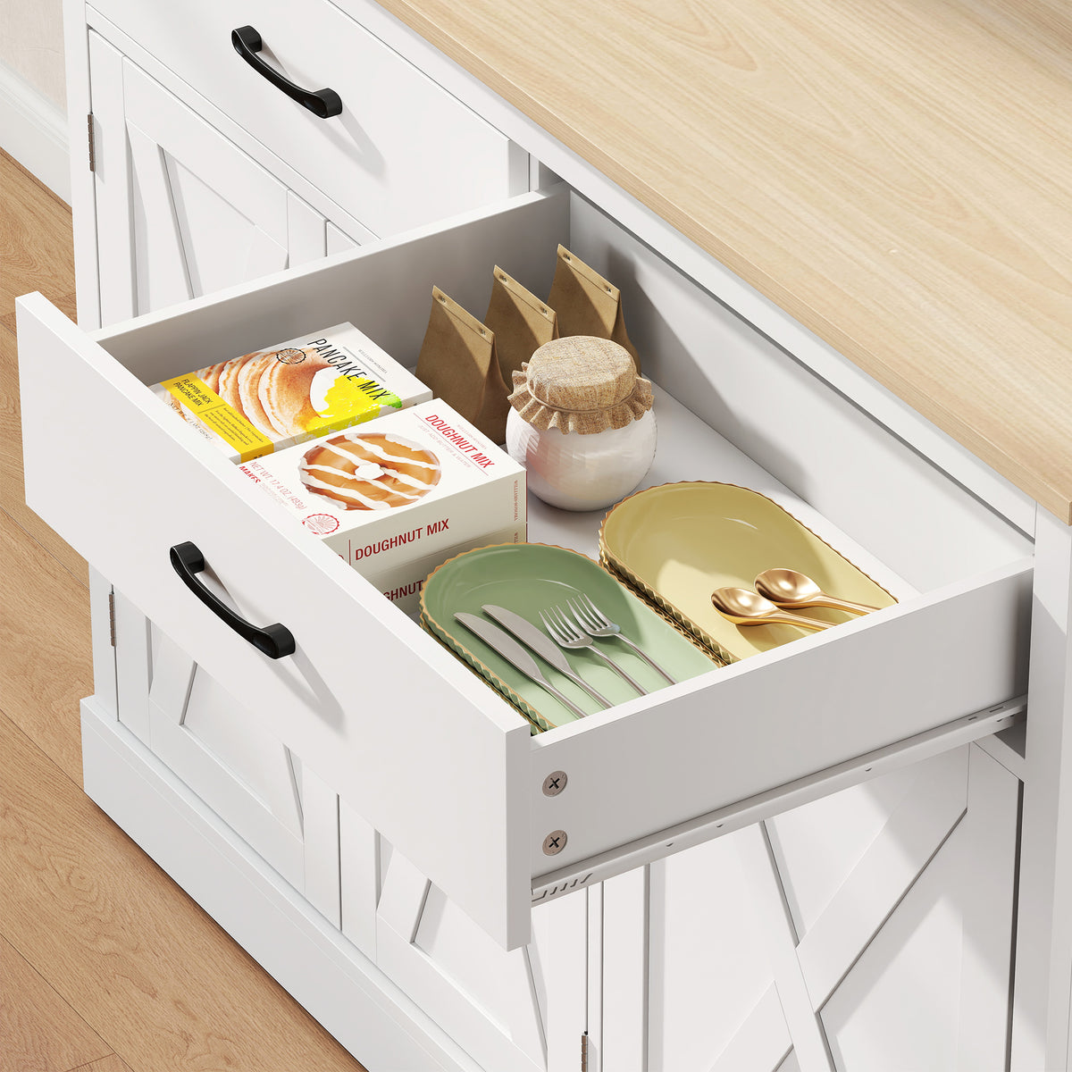Kitchen Pantry with Charging Station, Microwave Stand and Trash Can Cabinet – 44"W x 69"H