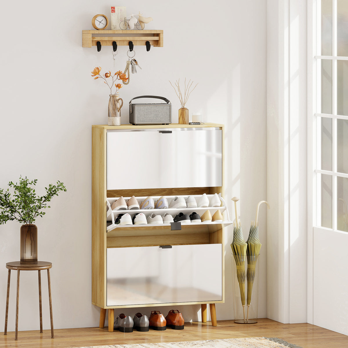 High Gloss Narrow Shoe Cabinet with 3 Flip Drawers – 32"W x 50"H