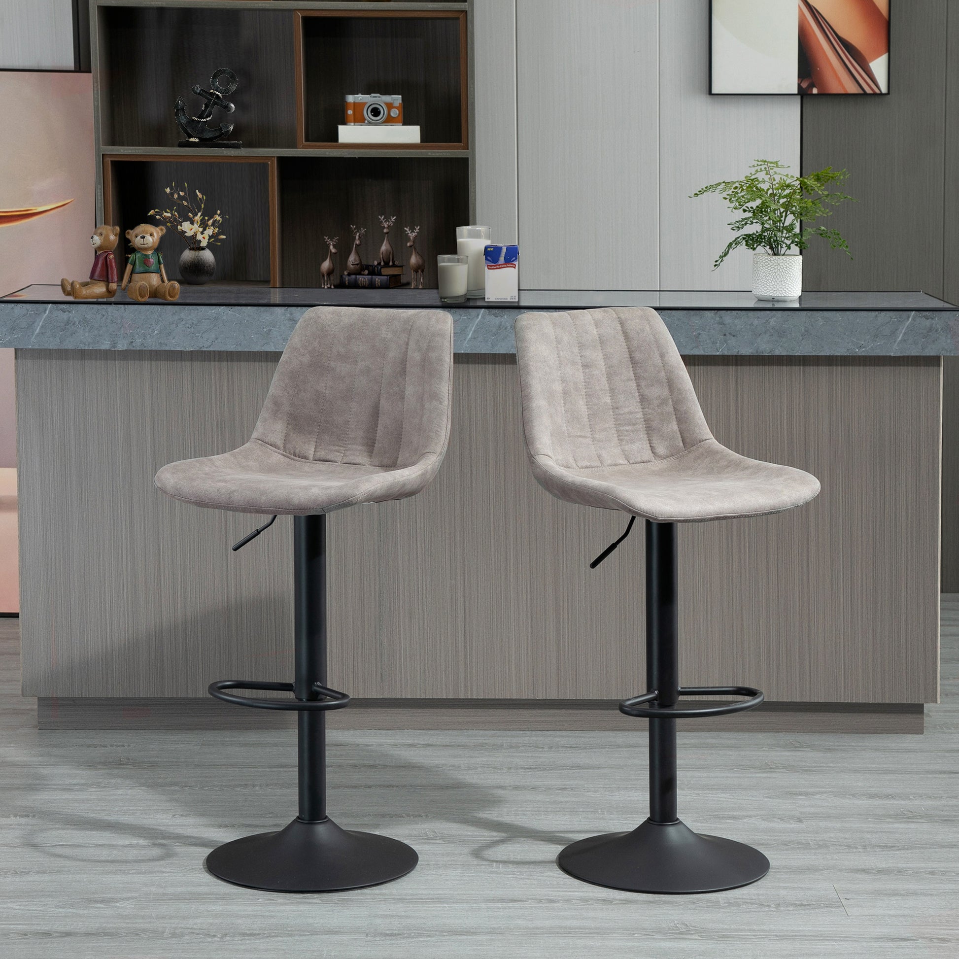 HOMCOM Adjustable Swivel Bar Stools Set of 2, Upholstered Grey Leathaire with Backrest