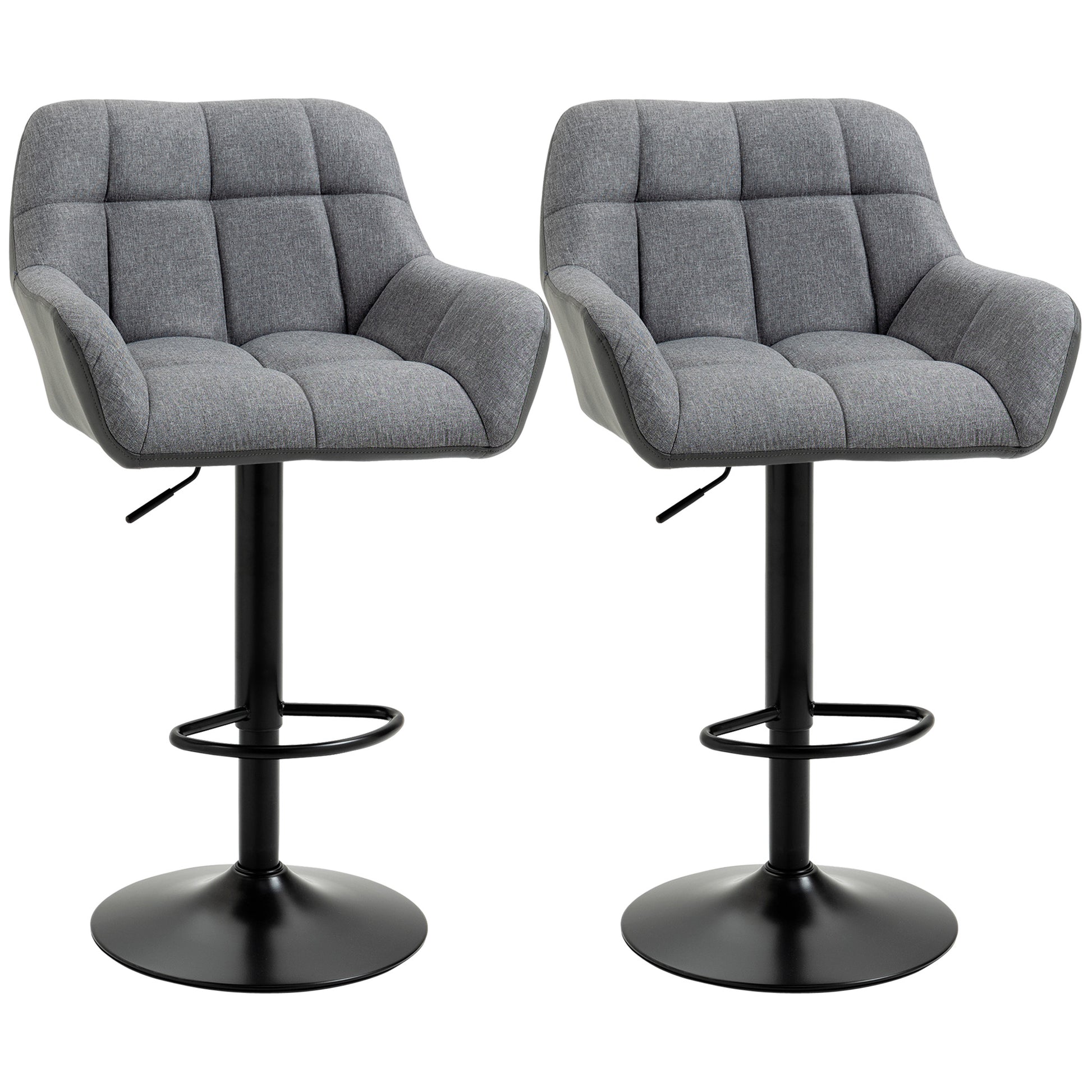 HOMCOM Modern Adjustable Swivel Bar Stools Set, Tufted Fabric, Armrests, Footrest, Grey