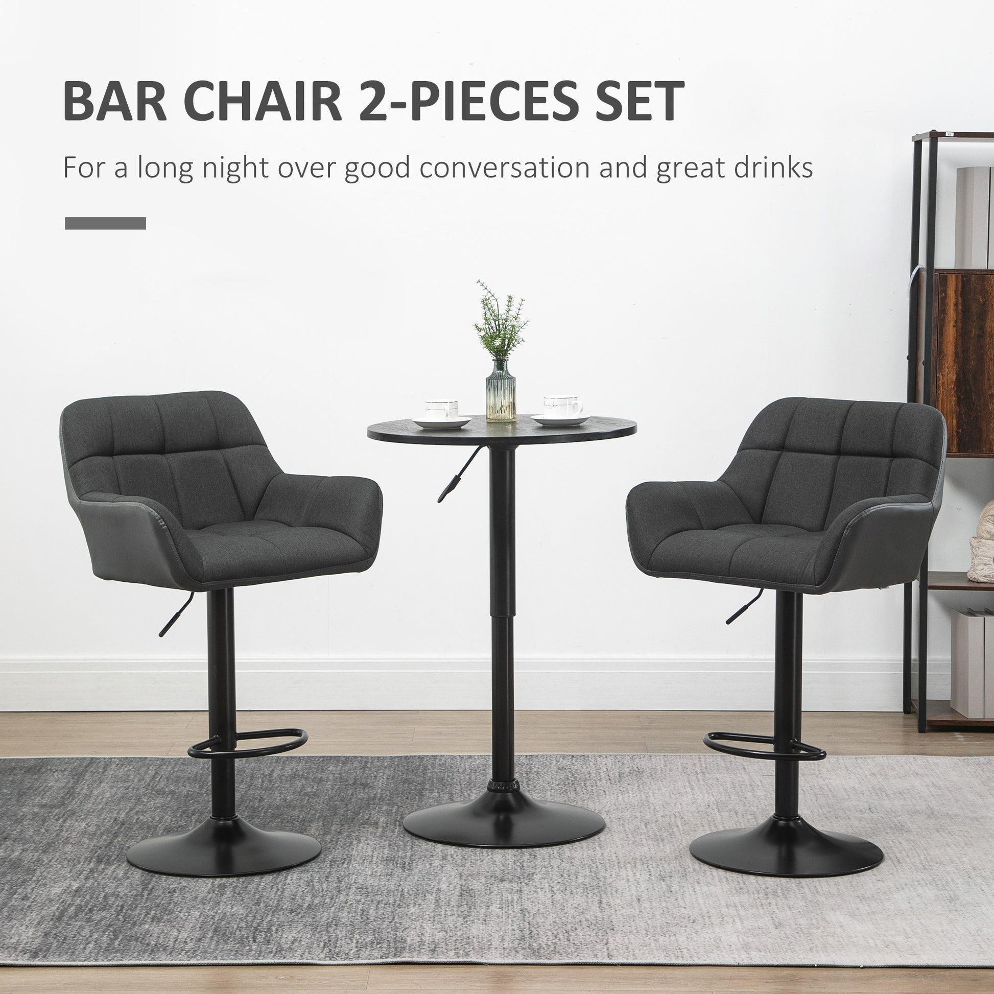 HOMCOM Adjustable Swivel Bar Stools Set of 2, Tufted Fabric, Armrests, Footrest