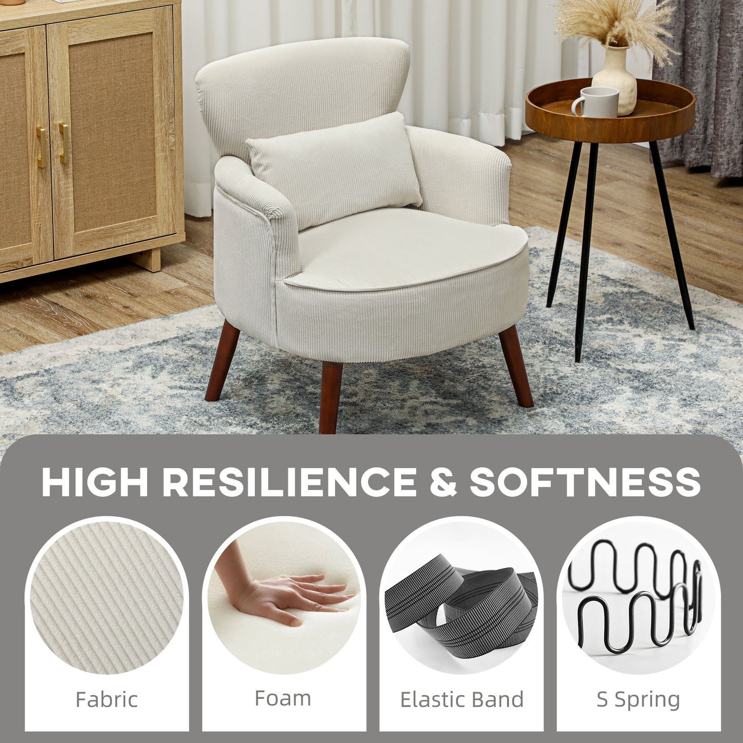 Modern Accent Chair, Upholstered Armchair with Solid Wood Legs and Lumbar Pillow for Living Room, Cream White