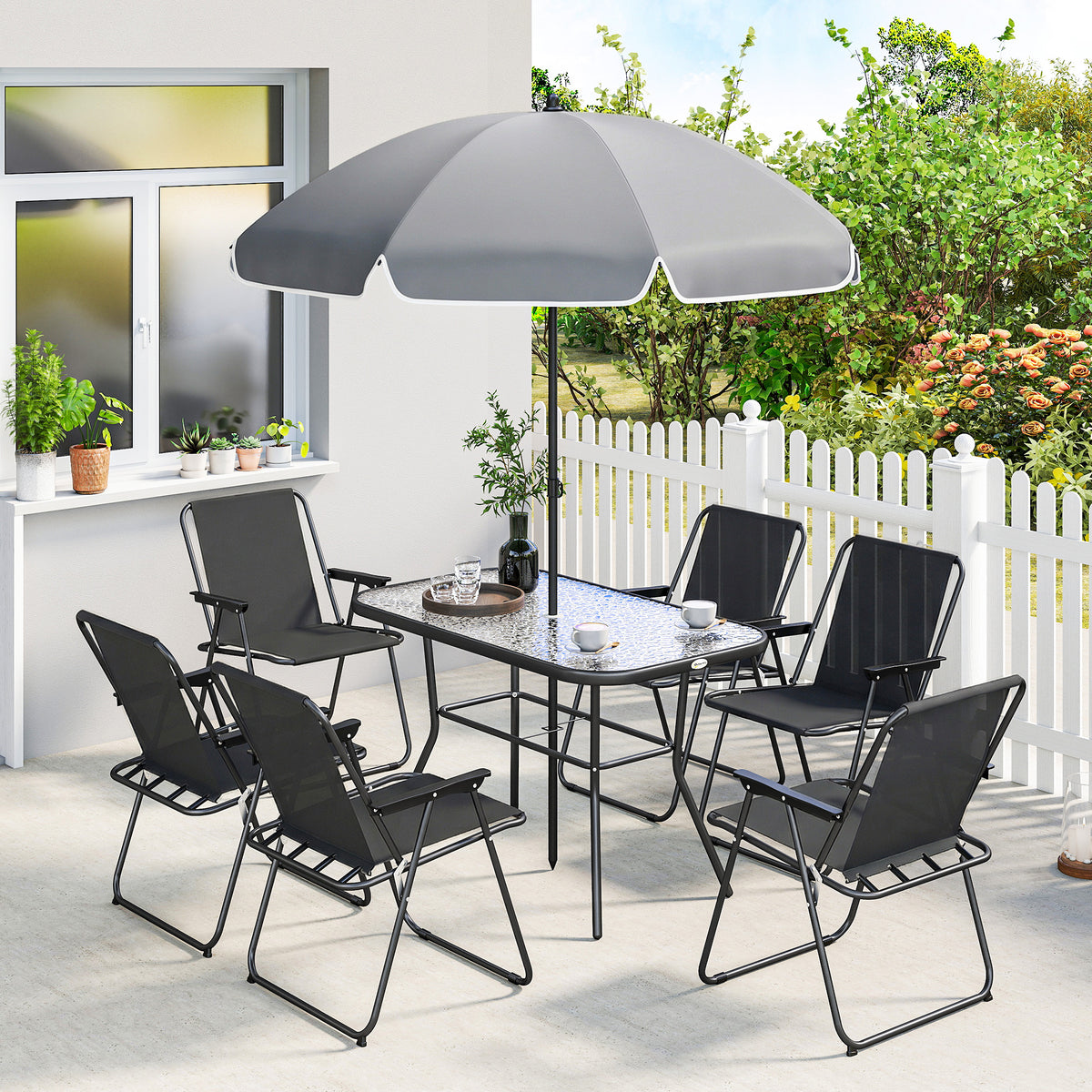 8 Piece Patio Table and Chairs Set with Folding Chairs, Tempered Glass Tabletop and Umbrella for Garden – Black