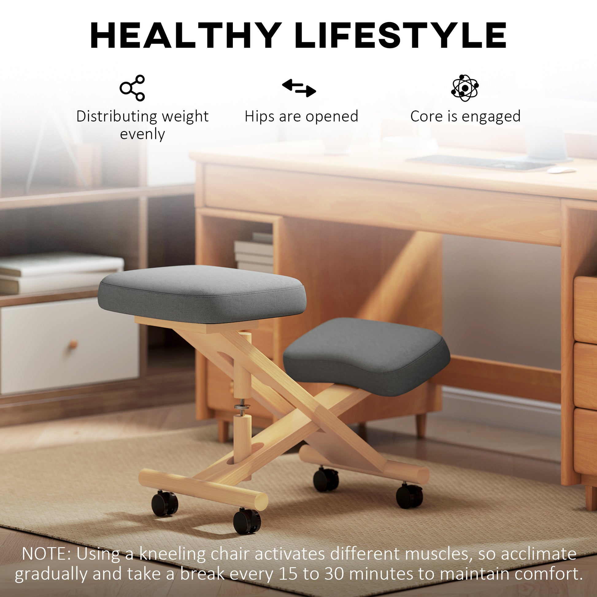 HOMCOM Ergonomic Kneeling Posture Chair: Rubberwood Frame, Wheels, Dark Grey