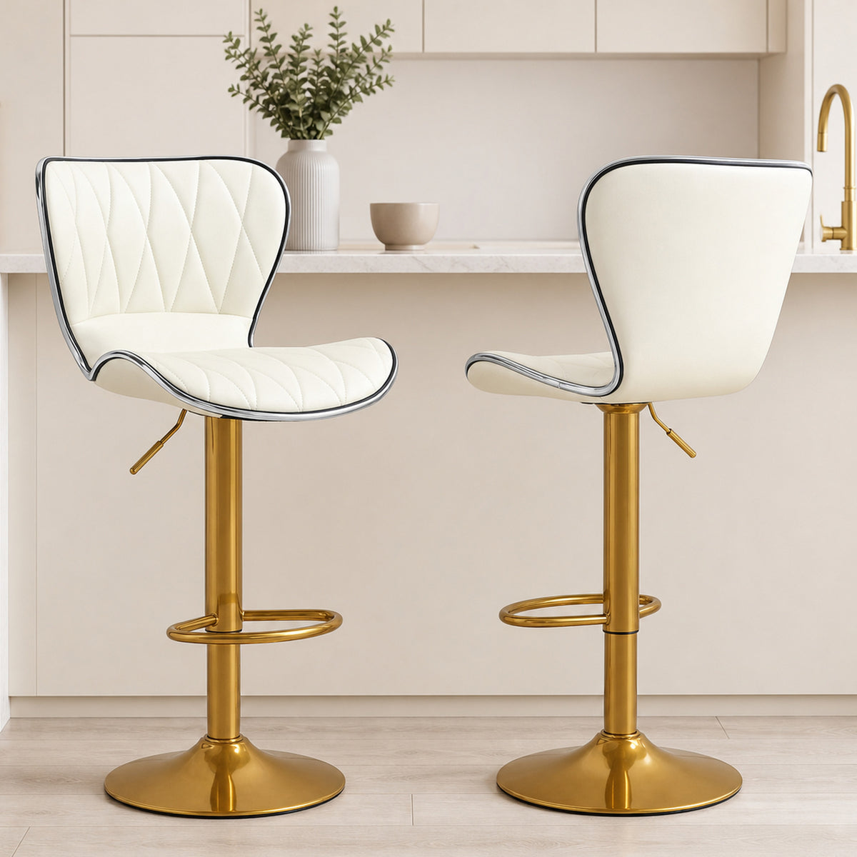 Diamond-Tufted PU Leather Swivel Counter Stools, Gold Base, Set of 2