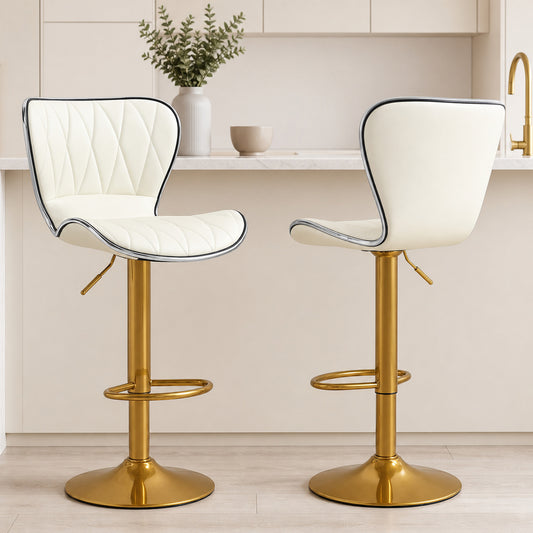 Diamond-Tufted PU Leather Swivel Counter Stools, Gold Base, Set of 2