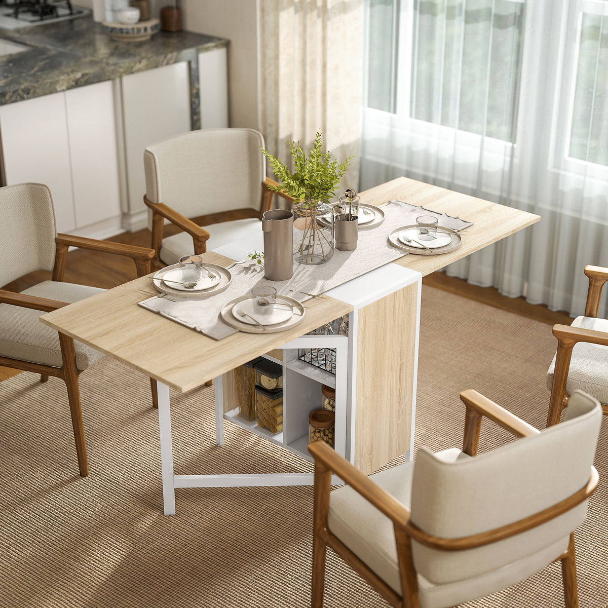 Multi-Use Foldable Dining Table with Hideaway Shelves, 66.5" Drop Leaf Table