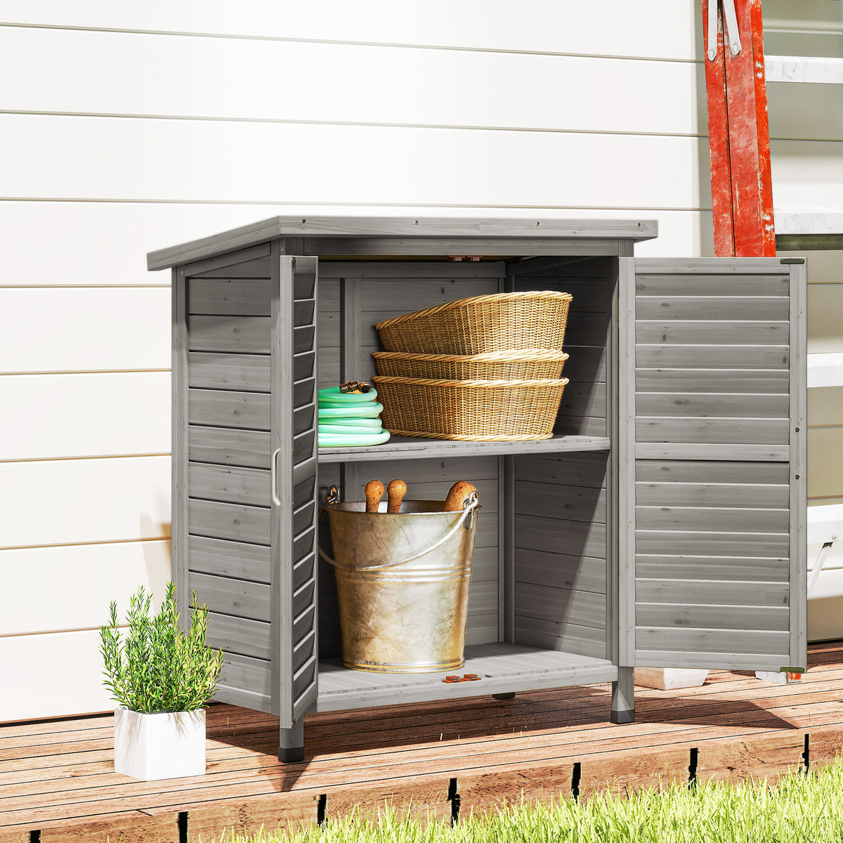 Wooden Garden Storage Shed Kit Wood Garage Tool Organisation Cabinet with 2 Door, 34" x 18" x 38" – Grey