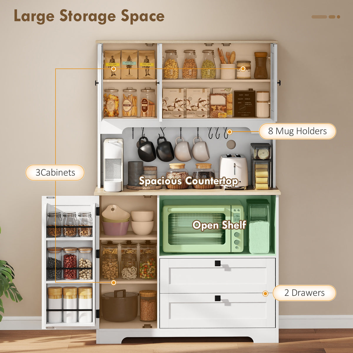 Tall Kitchen Hutch with 3 Cabinets – 39"W x 64"H