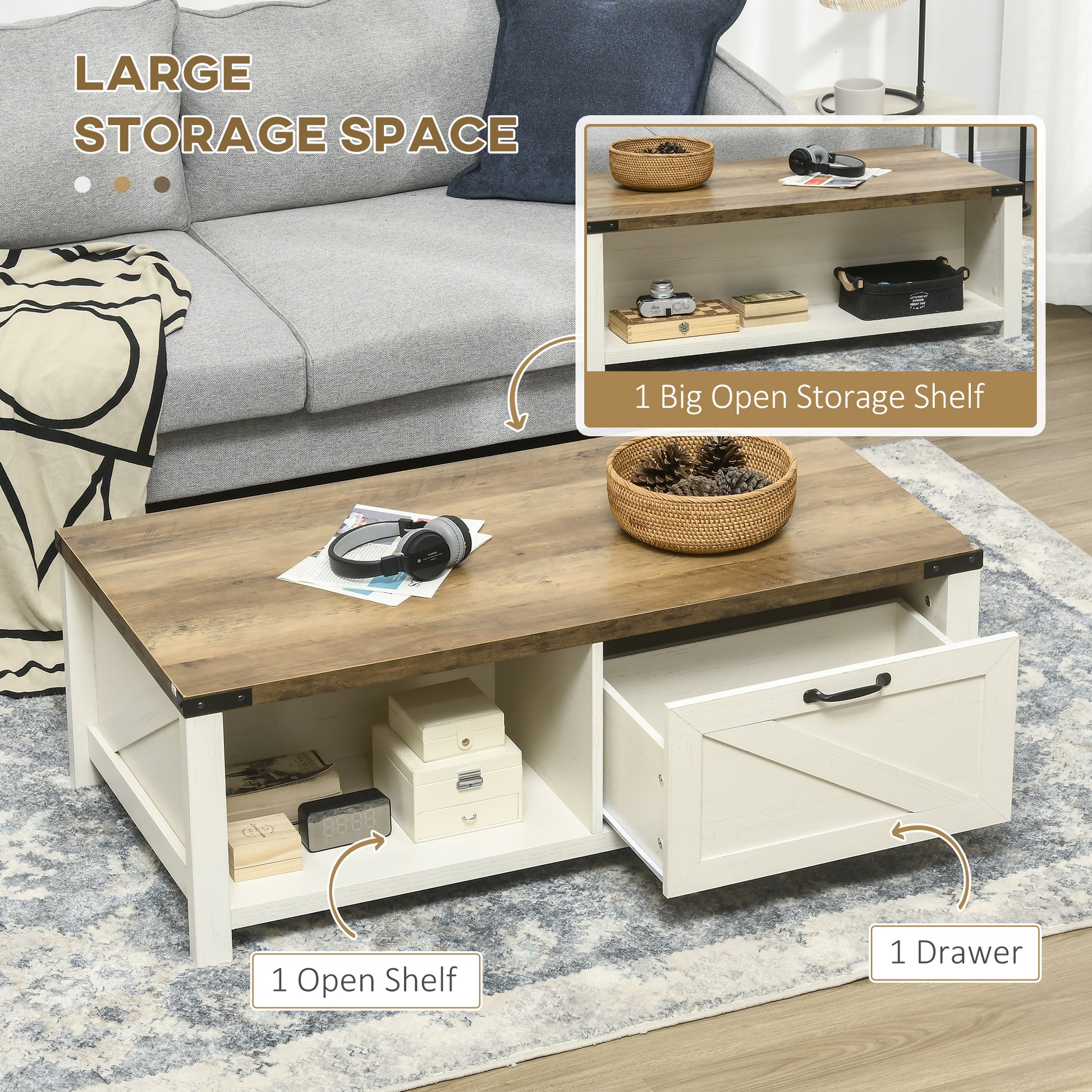 HOMCOM Industrial Farmhouse Coffee Table: Drawer, Open Storage, Modern Style