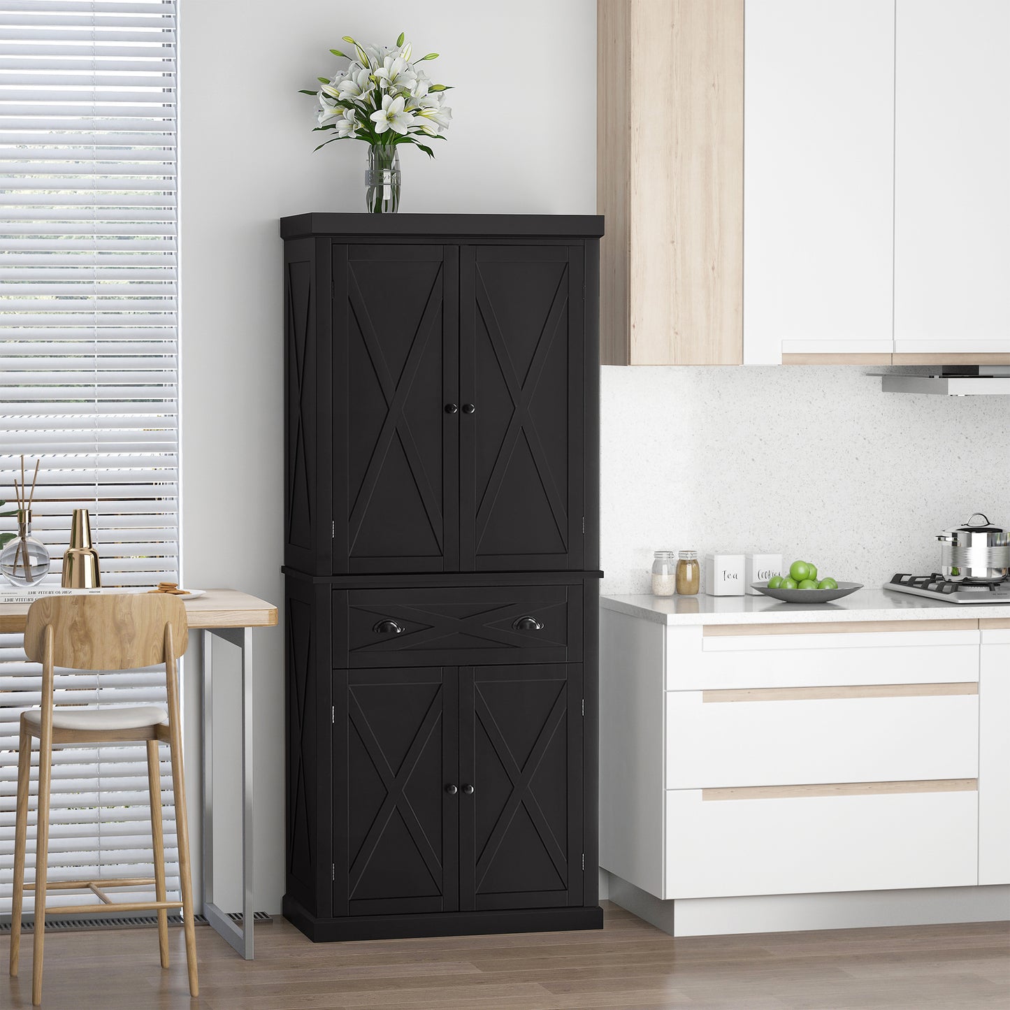 HOMCOM 72.5" Kitchen Pantry Cabinet 4 Doors Drawer Black