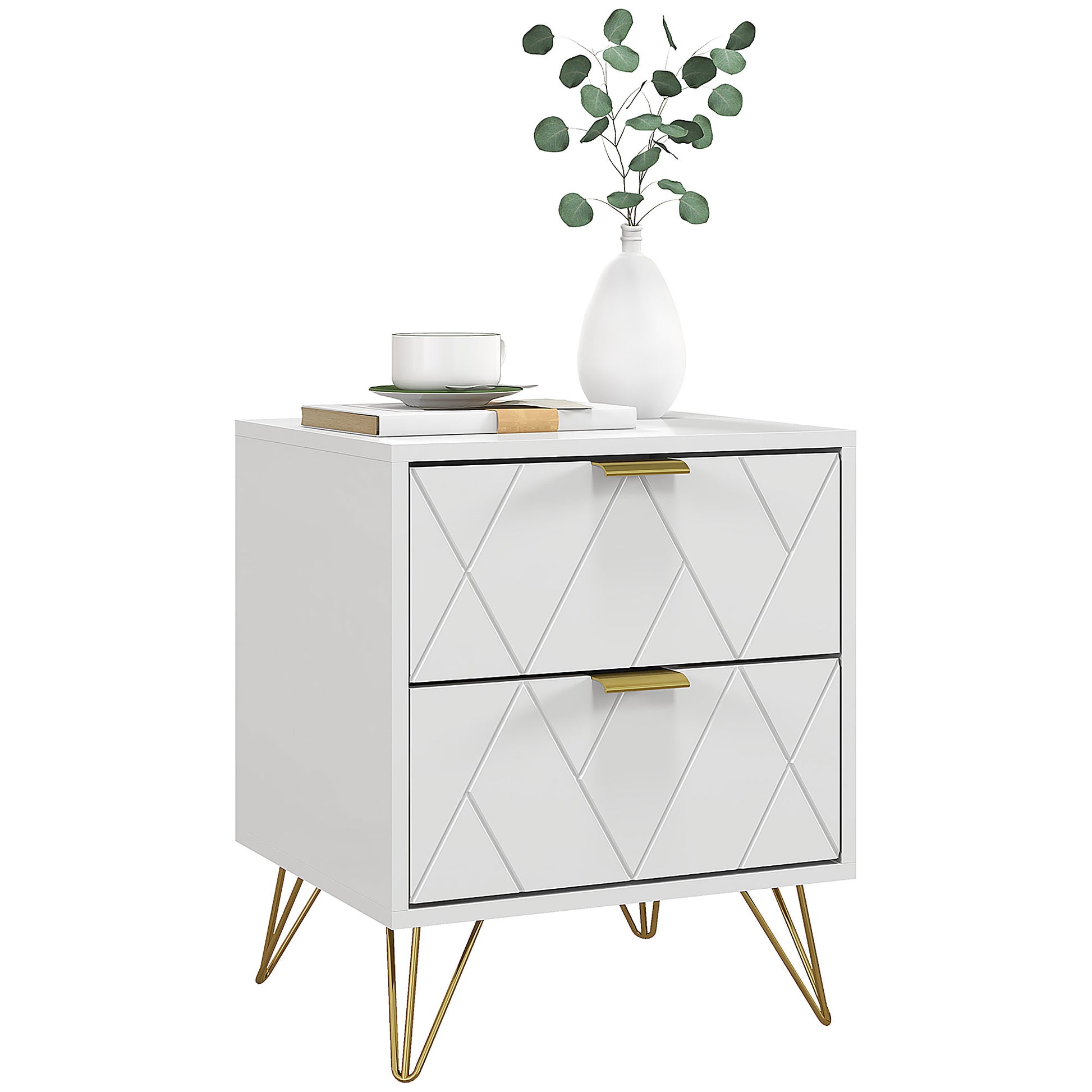 Modern White Bedside Table Accent Nightstand with 2 Storage Drawers, Hairpin Legs