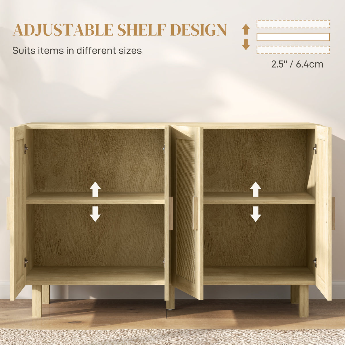 Boho Sideboard Buffet Cabinet with 4 Rattan Doors and Adjustable Shelves – 47"W x 30"H
