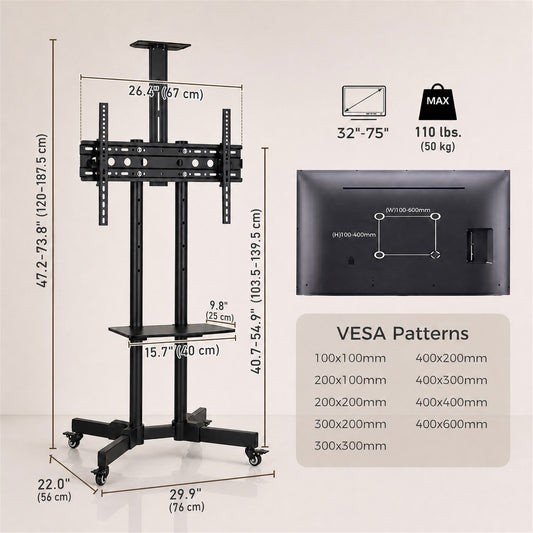 Rolling TV Stand for 32-75 Inch Screens – 30" Wide