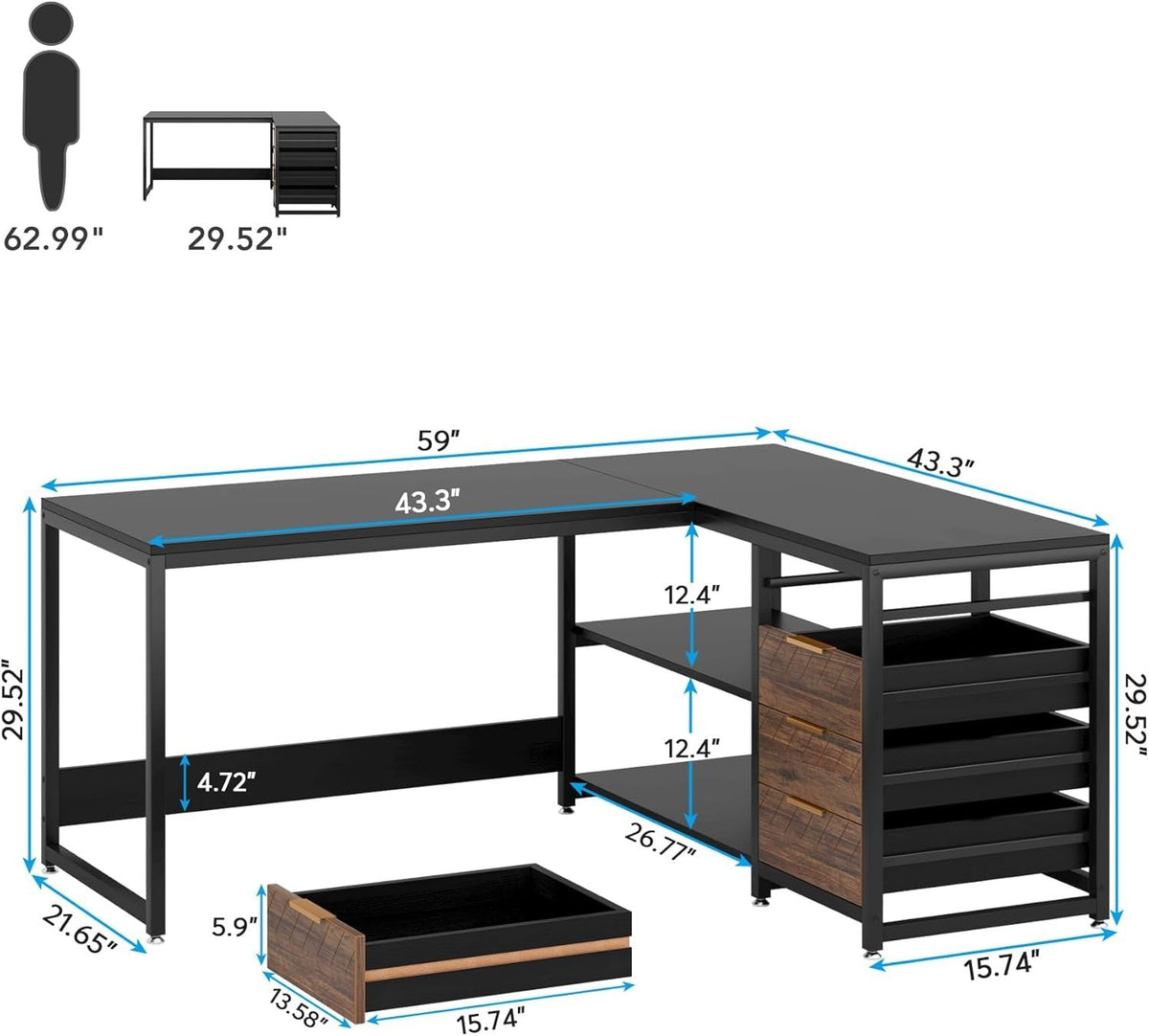 59" L-Shaped Desk, Reversible Corner Desk with Drawers & Shelves