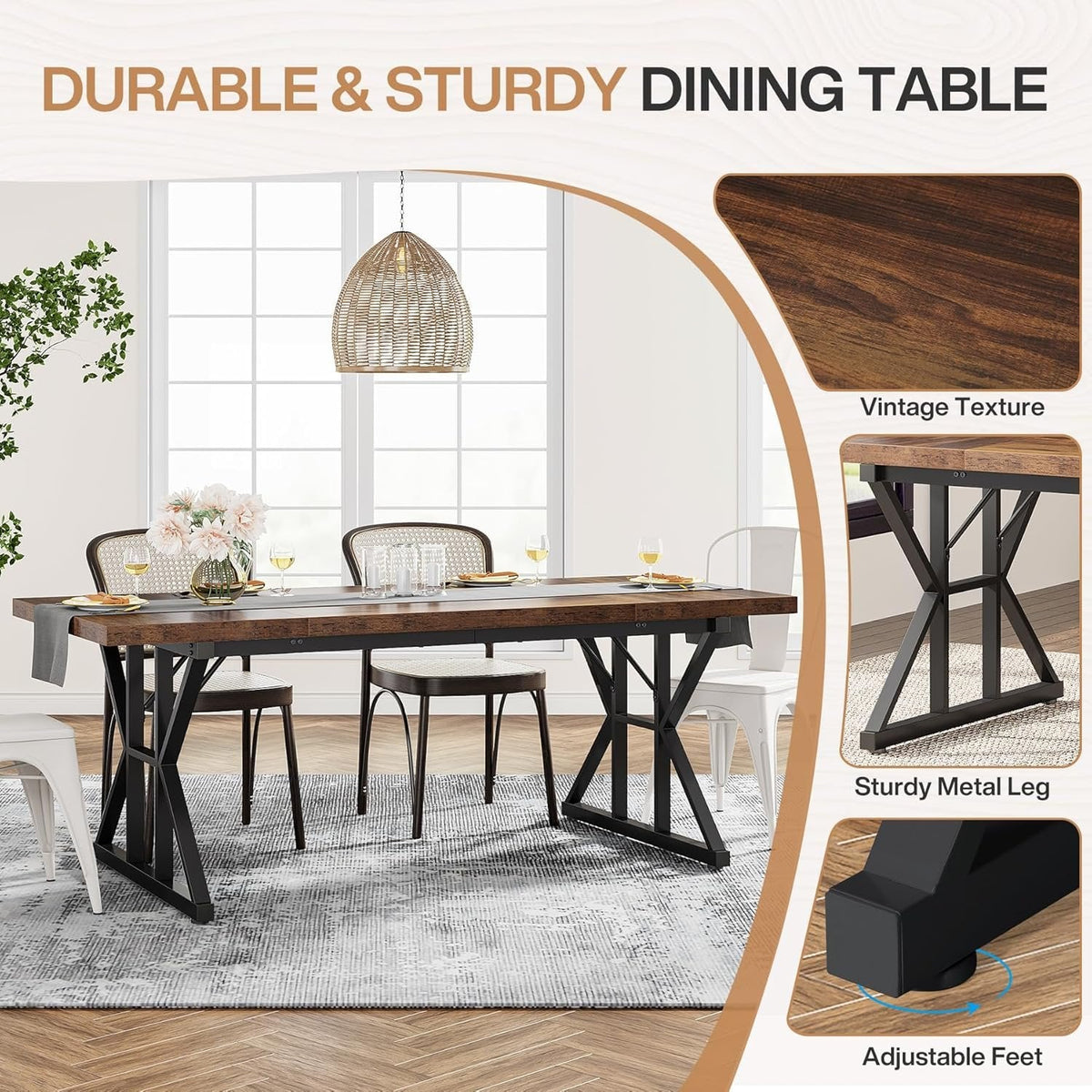 Wood Dining Table, Farmhouse 70.8" Kitchen Table for 6 People