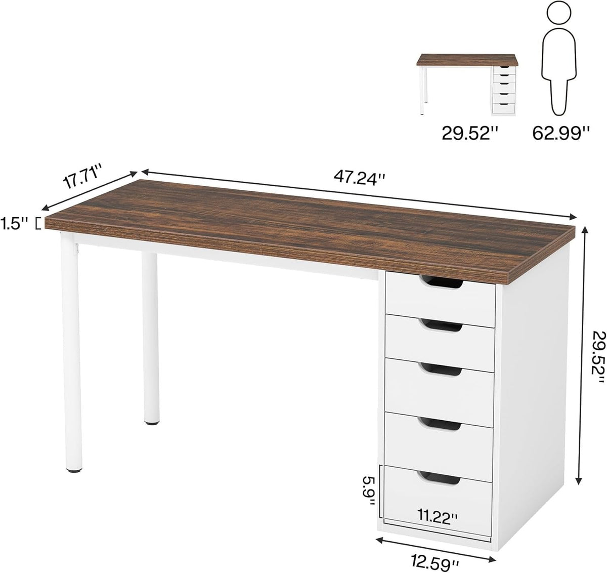 47" Computer Desk with 5 Drawers, Modern Study Table Writing Desk