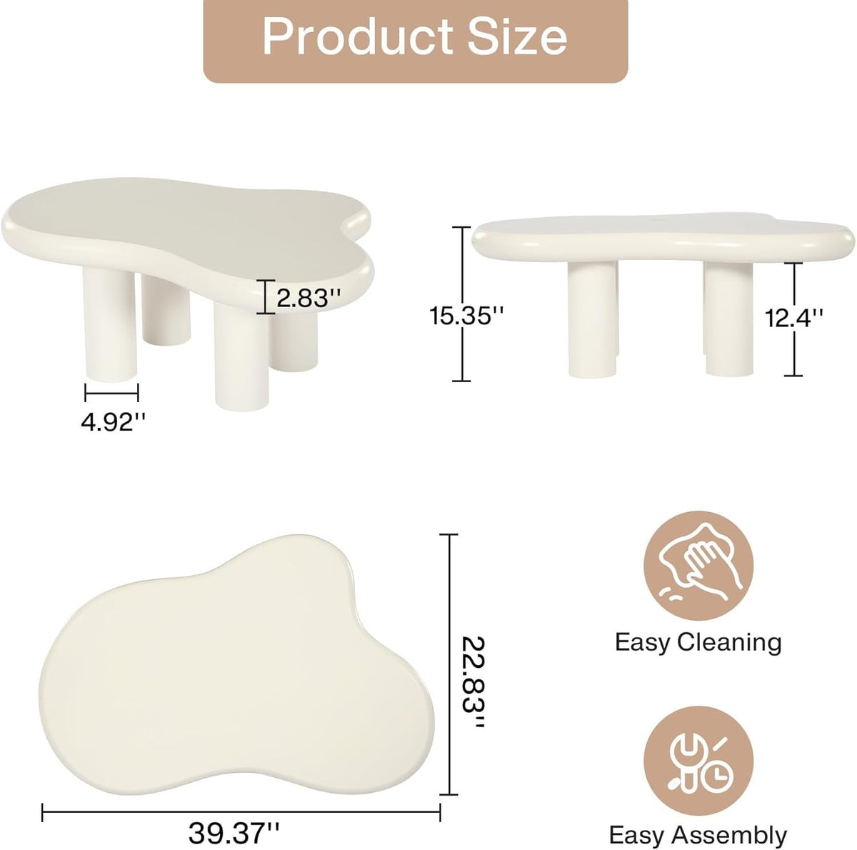Cloud-Shaped Coffee Table, Modern Center Table with 4 Solid Legs